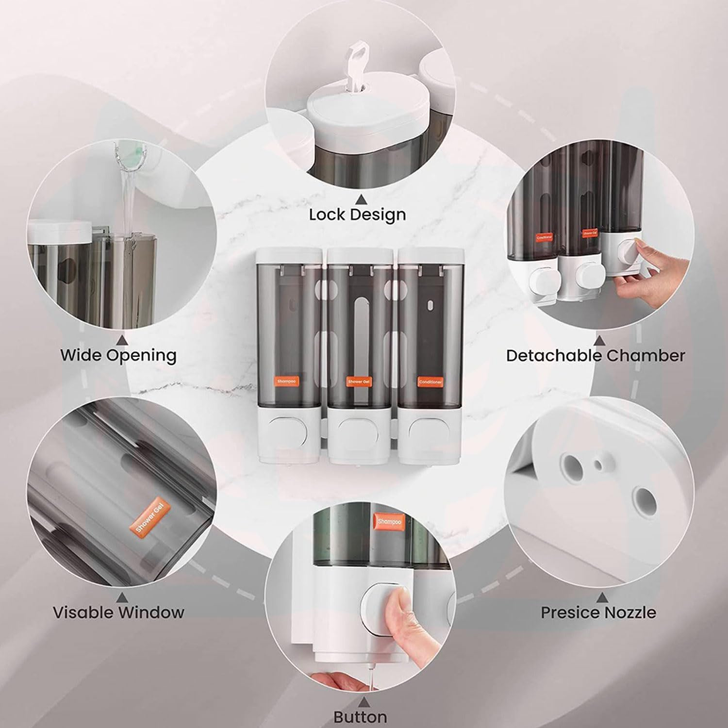 3 - Chamber Wall - Mounted Shower Dispenser Set - Ideal for Shampoo, Conditioner, and Body Wash Mounted by Glue or Screws image number 6