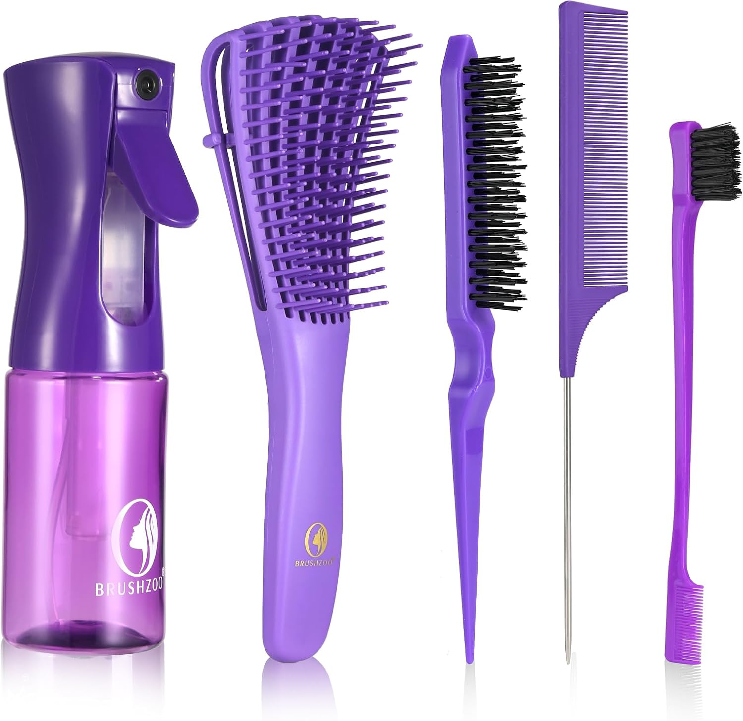 BRUSHZOO Hair Brush Set with Hair Spray Bottle, Hair Brushes for Women Men Kid Wet Dry All Hair Detangling Parting Styling, Brush Set with Detangler Brush, Edge Brush, Teasing Brush, Rat Tail Comb image number 3