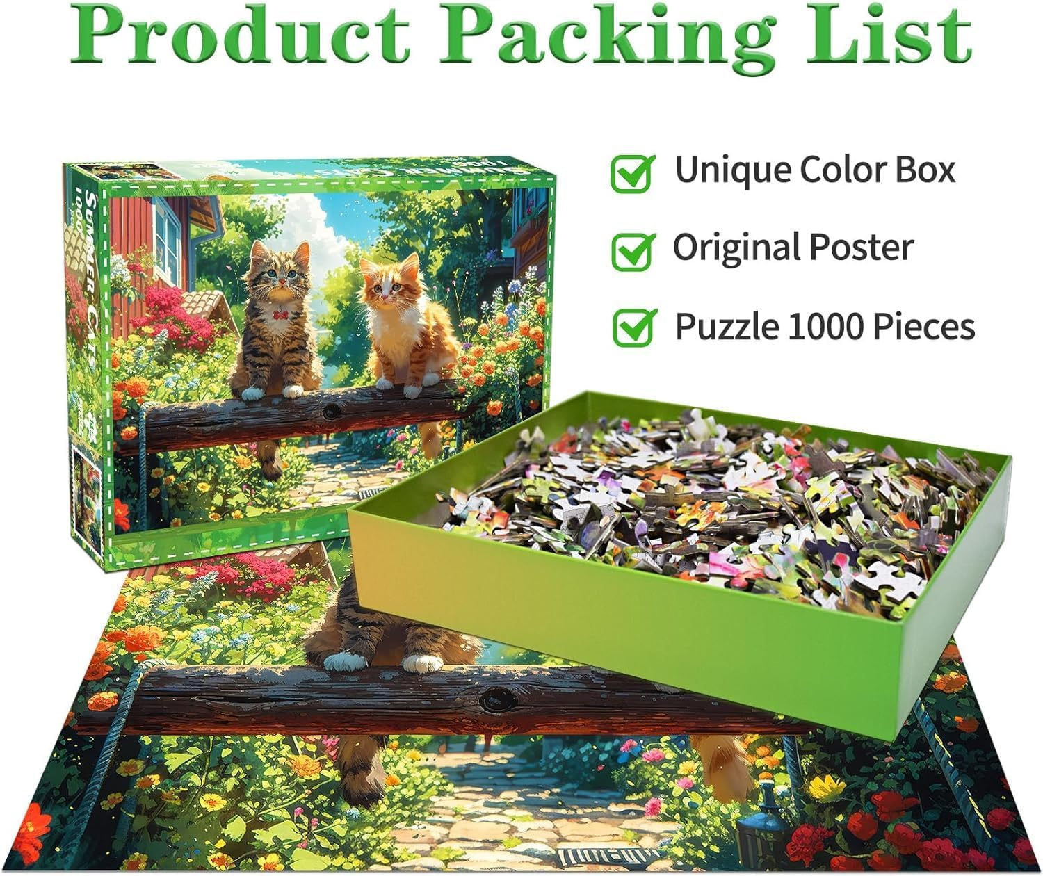 Jigsaw Puzzles for Adults 1000 Pieces, Interlock Perfectly Letter on Back No Dust, Home Decor Birthday Gift Toy for Men Women Elders Seniors, 1:1 Poster - Summer Cats image number 2