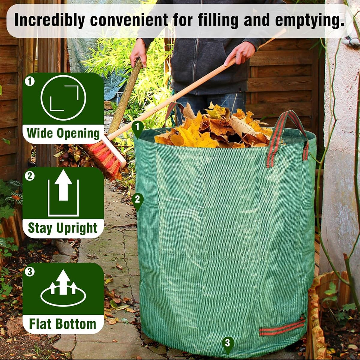 AIMALL 500L Large Garden Leaf Bag, Heavy Duty Waterproof Deciduous Debris Collection Bag with Handles, 31.49In X 39.37In Reusable Yard Waste Bag for Outdoor, Green image number 2
