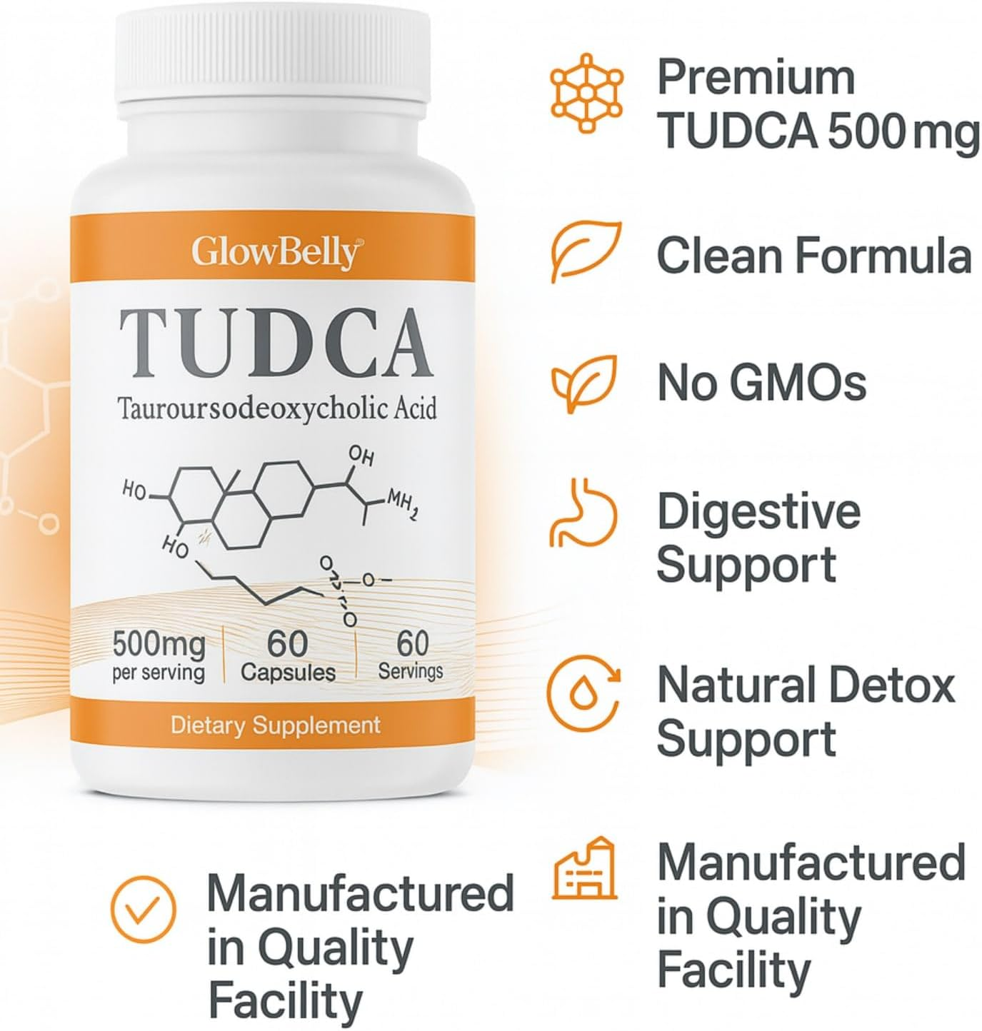 TUDCA Capsules 500Mg | Tauroursodeoxycholic Acid | Pure Single-Ingredient 1 a Day Formula | 60 Capsules by Glowbelly image number 4