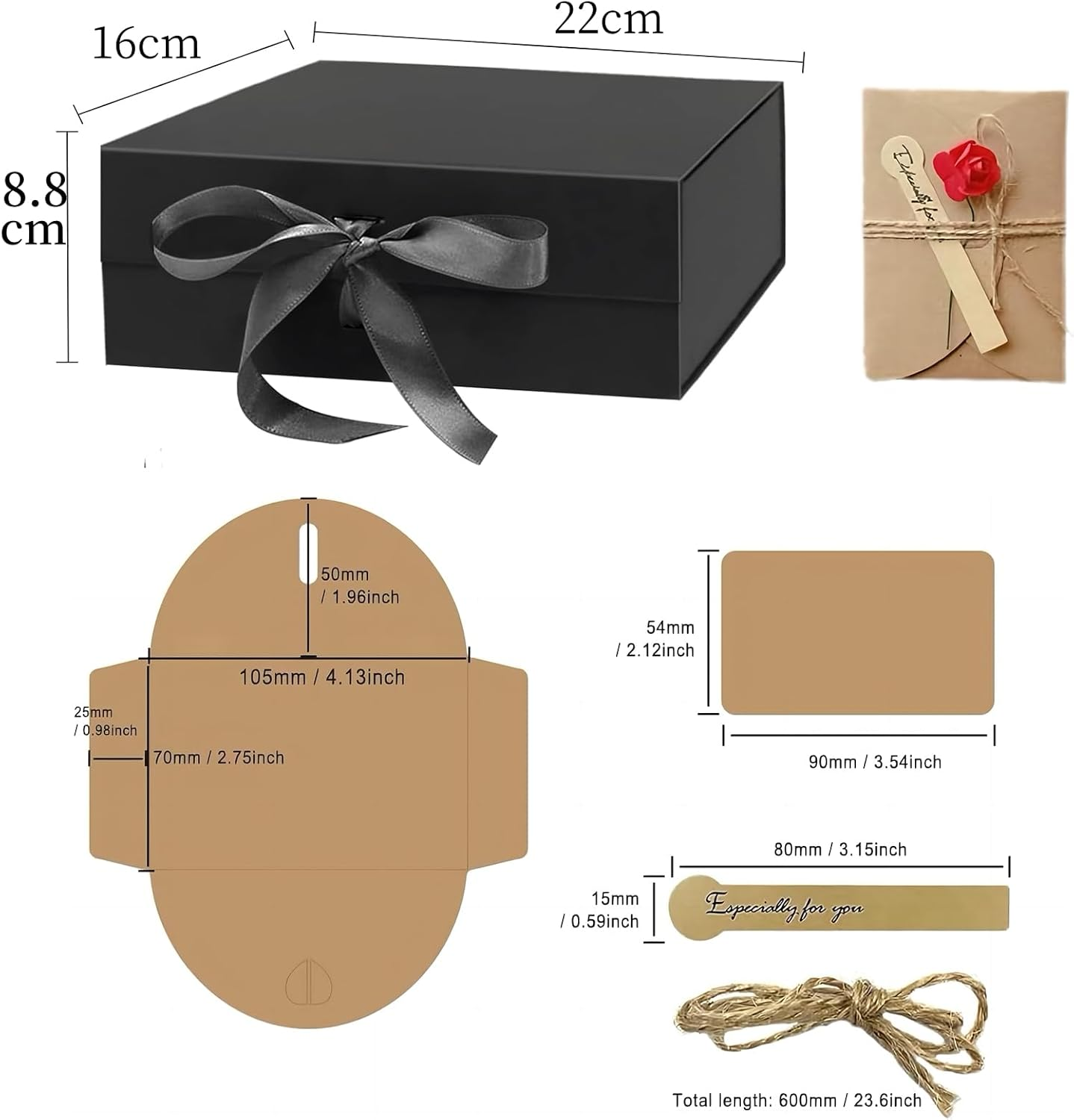 MAIHUO Black Gift Boxs, Magnetic Box with Lid, 22 X 16 X 8.8 Cm Cardstock Gifts Box,With Ribbon and Rose Card image number 5