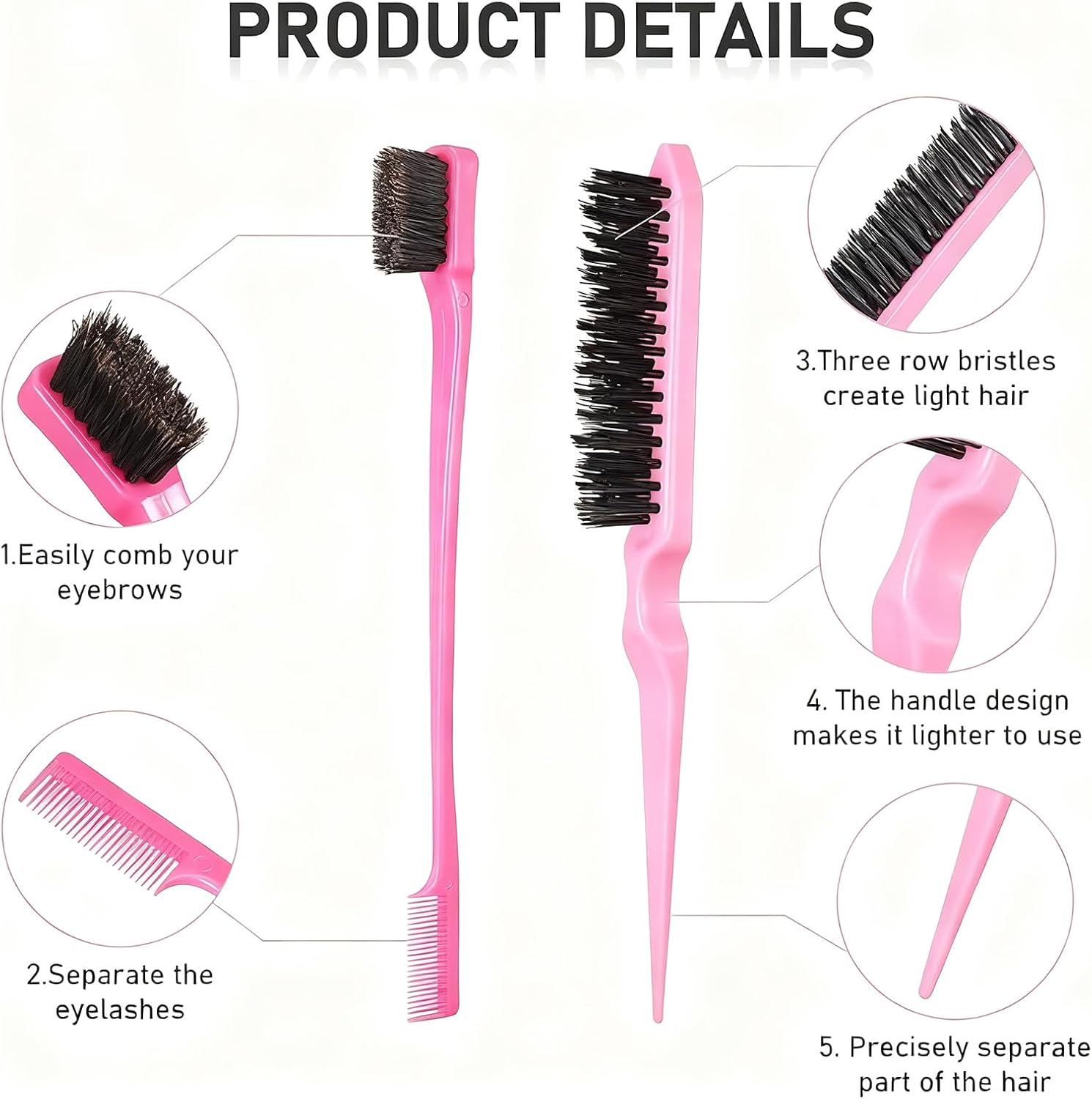 5Pcs Pink Slick Back Brush Set - Topsy Tail Tool, Volumizing Teasing Comb for Women & Girls, Flyaways Control & Edge Styling image number 3