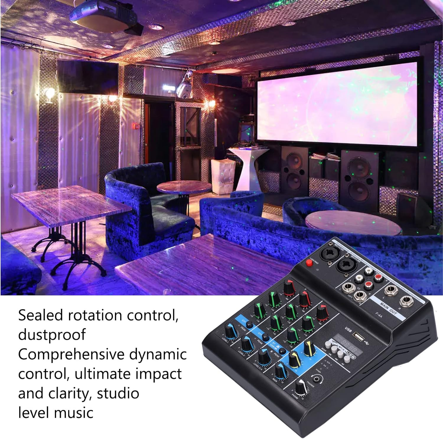 F4A Audio Live Mixer USB Interface Audio Mixer 4 Channel, Stereo DJ Sound Controller for Home Karaoke, USB Live Stage KTV, Soundcard for PC Recording image number 5