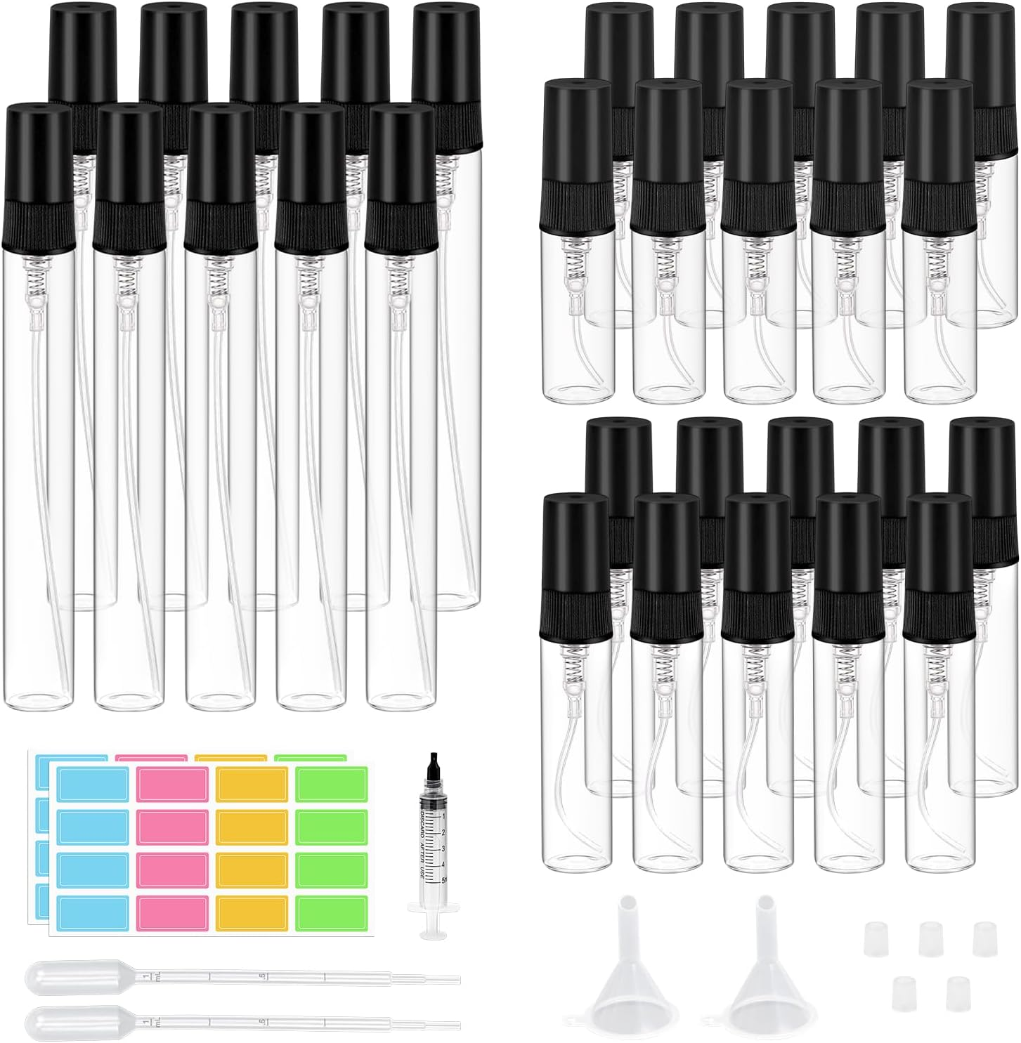 Pack of 30 Mini Perfume Atomisers, Portable Refillable Mini Glass Spray Bottle, Small Spray Bottle for Family, with Funnel, Pipettes and Label Stickers (Black, 3 Ml + 5 Ml + 10 Ml) image number 3