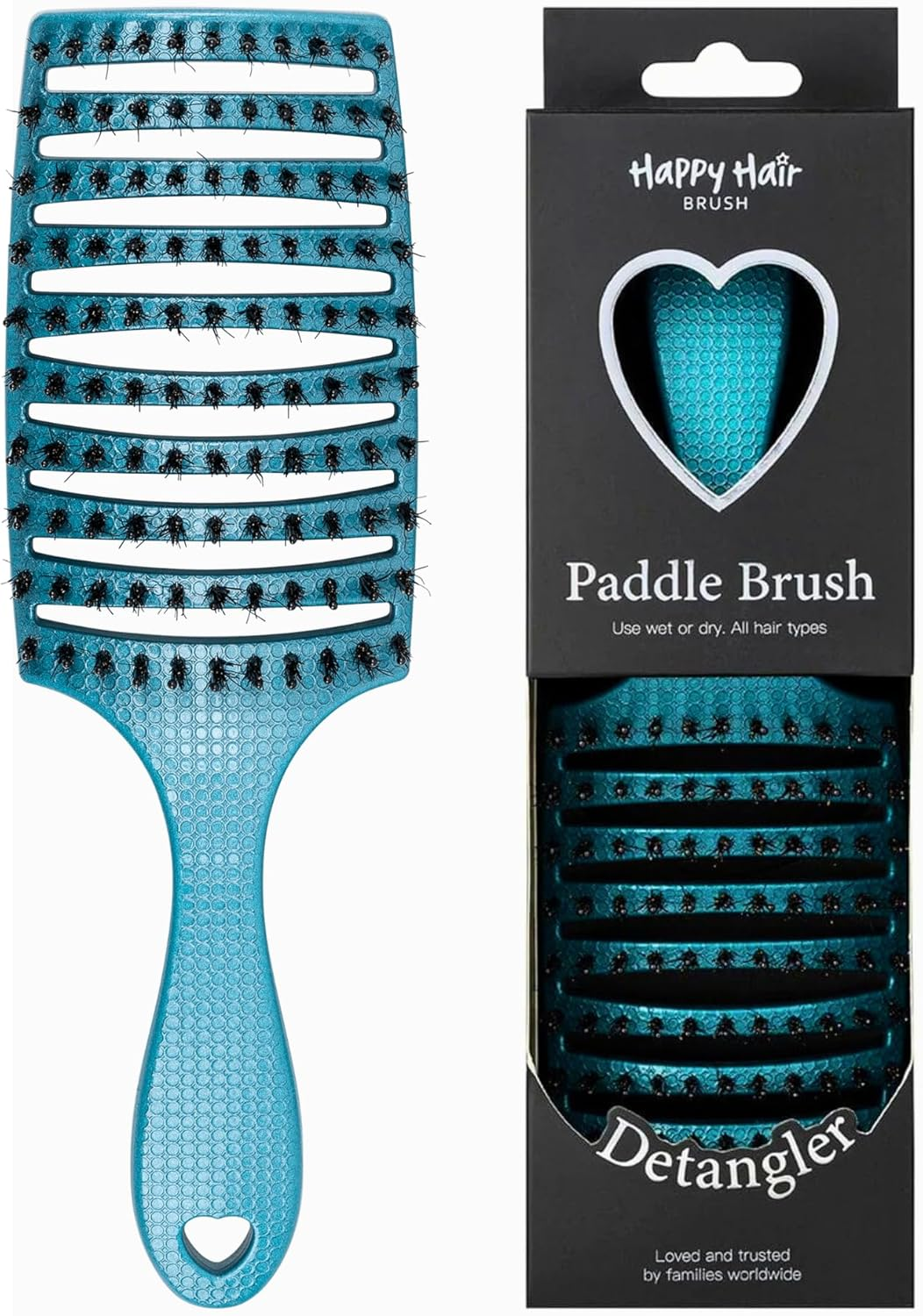 HAPPY HAIR Happy Detangler Paddle Brush with Boar Bristles & Nylon Pins | Designed by Women to Detangle & Smooth Thick, Fine or Curly Hair | Pain-Free Slick Back Brush, Ultra Lightweight (Teal) - Happy Detangler Paddle, Gold image number 6