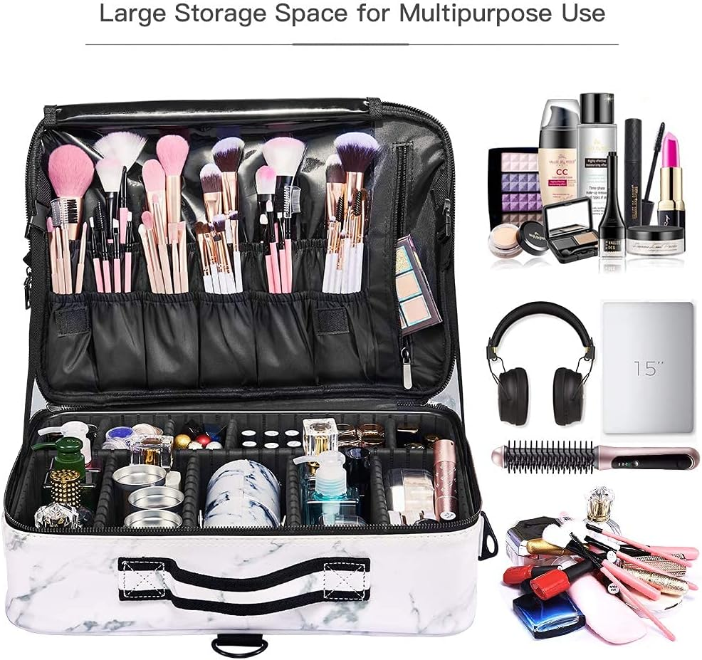 Makeup Case Travel - Large Makeup Bag 16" Professional Makeup Train Case with Adjustable Strap, Leather Makeup Artist Box for Hair Curler Hair Straightener Brush Set and Cosmetic, White Marble, image number 5