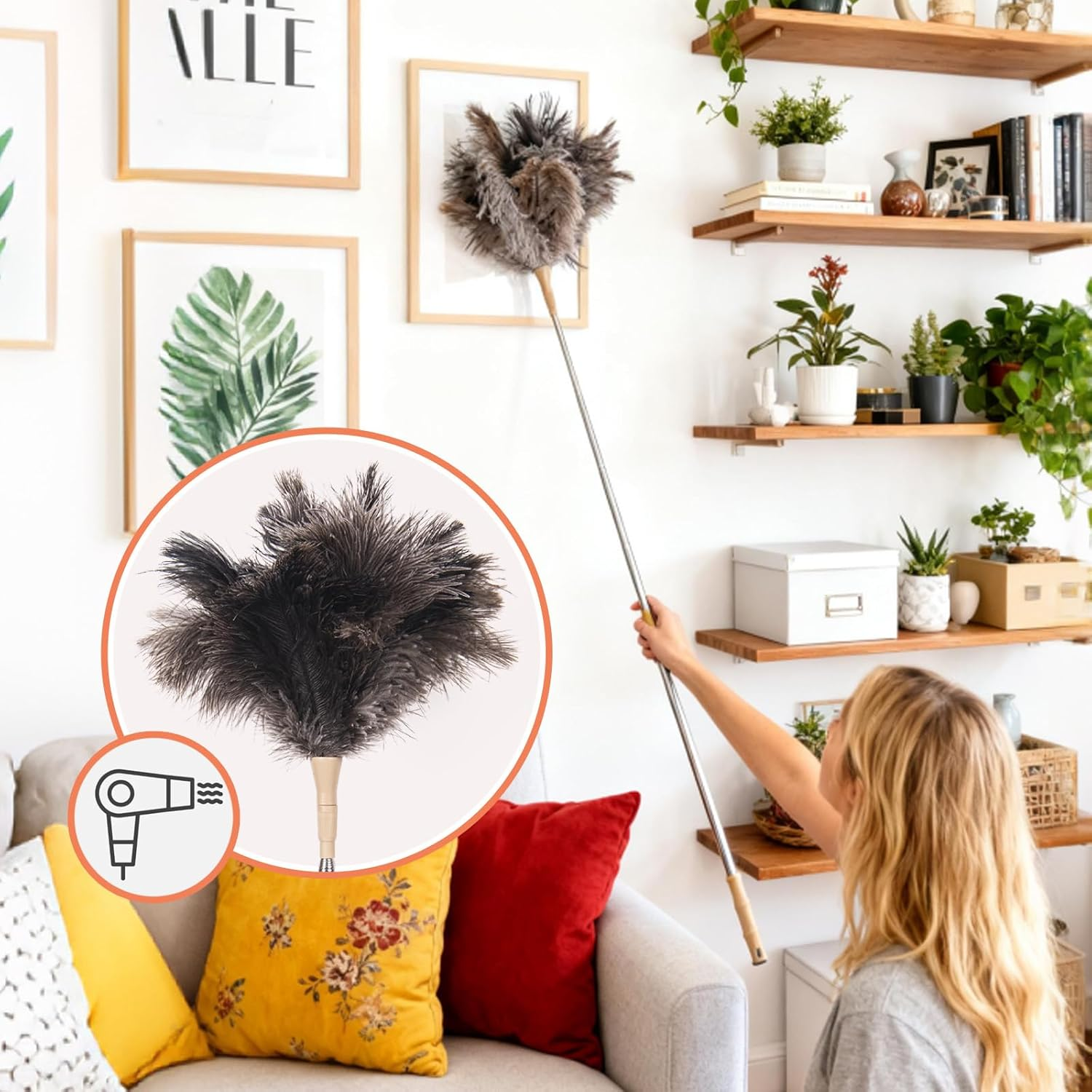 Extendable Ostrich Feather Duster, 50 Inches Natural Fluffy Feathers for Home Cleaning, Soft, Durable, Reusable for Office Cleaning High Ceilings, Fans, Furniture, Blinds,Roof Dusting image number 6