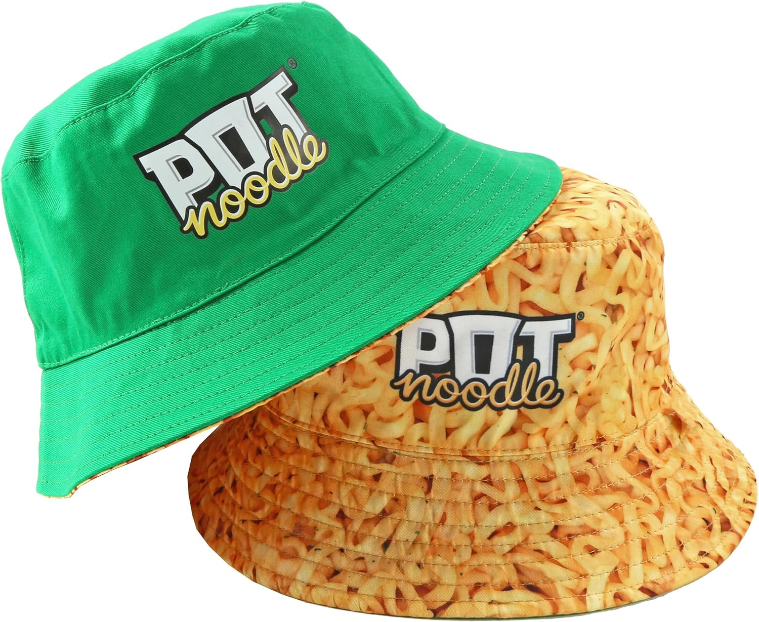 Kimm & Miller Pot Noodle Bucket Hat - Unisex Womens & Mens Bucket Hat - Reversible Design - Novelty Festival Accessories - Funny Hats in Green & Noodle Print, Green, One Size image number 1