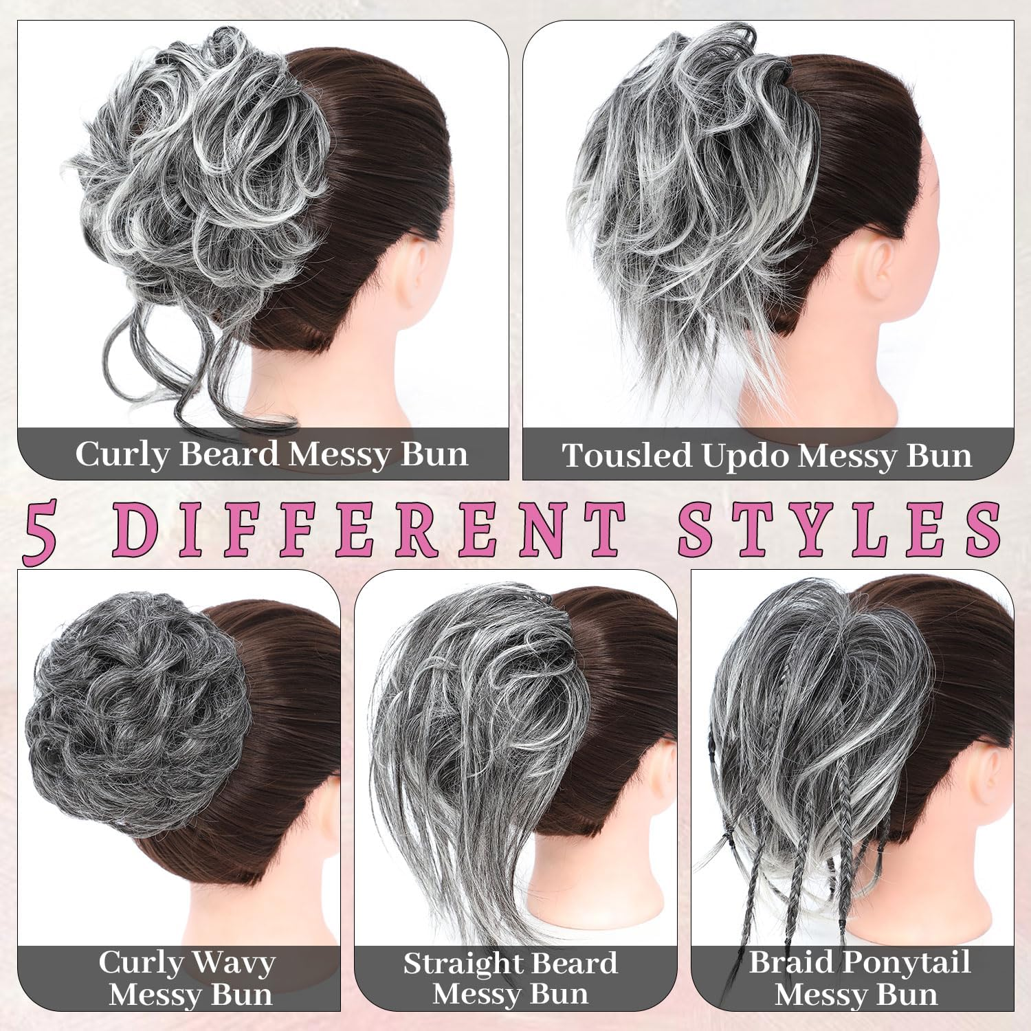 Fulang Hair Pack of 5 Hairpieces with Elastic Band, Large Bun Hairpiece, Wavy Natural Synthetic Hair Scrunchie, Women'S with Hair Updo Hair Extensions, Messy Bun Hairpieces (5 Pieces/Pack) (4/60) image number 2