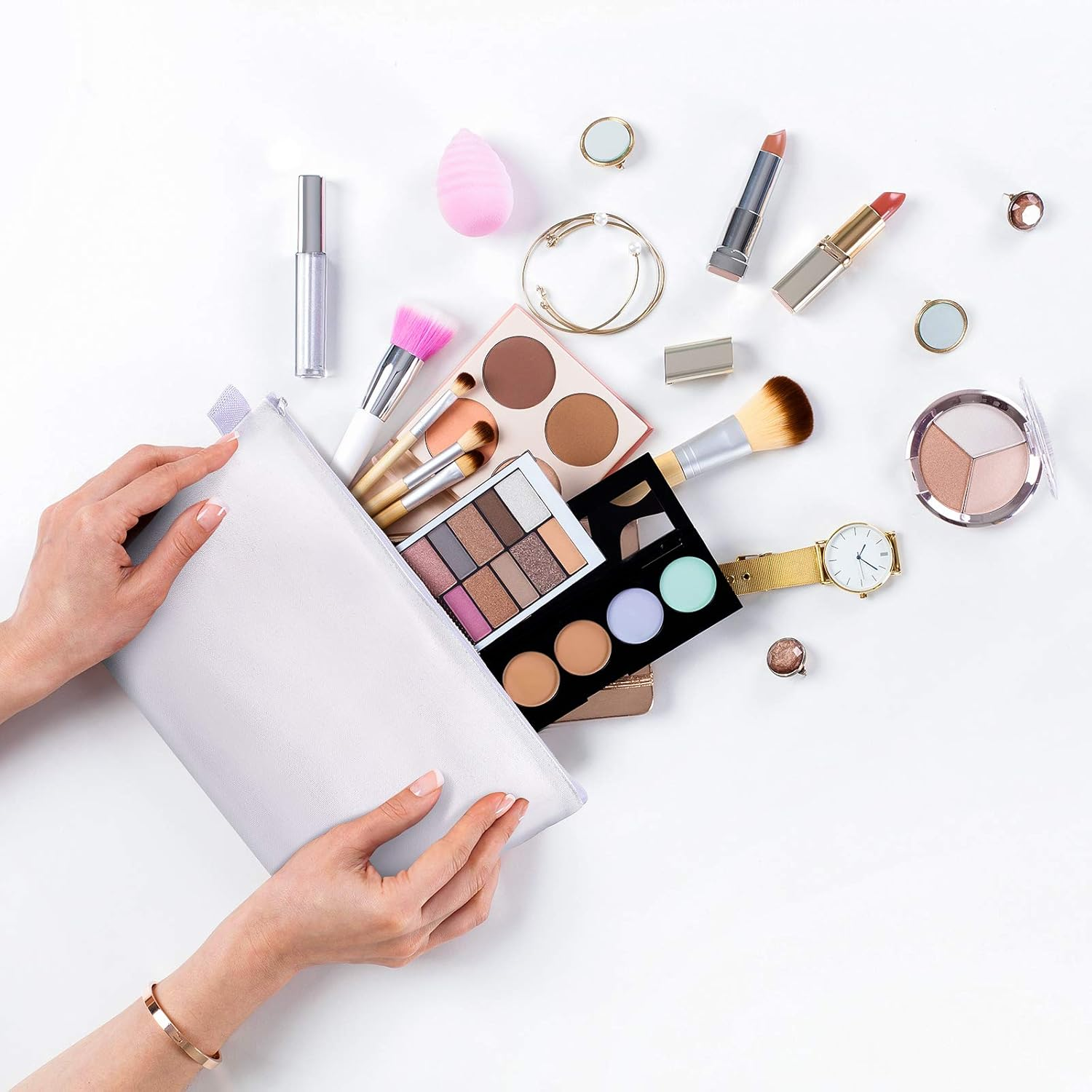 Weewooday 12 Pieces Blank Canvas Makeup Bags with Bottom Handle Bulk Sublimation Zipper Pouch Canvas Cosmetic Bags for Valentines Women Student DIY Craft Travel Toiletry Pencil, White, Practical image number 4