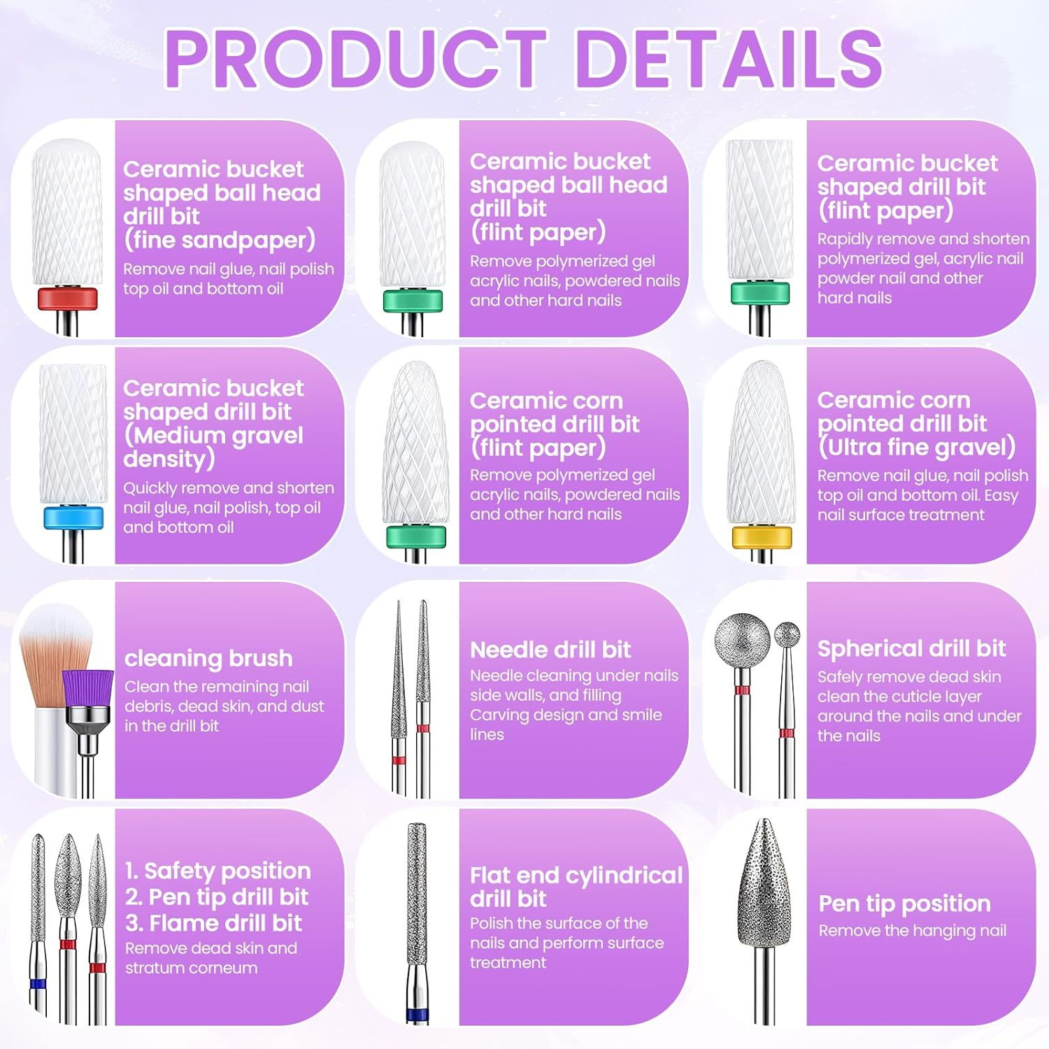 Mohito 21 Piece Nail Drill Bits, Piece Nail Drill Set, 3/32 Inch Electric Nail Cutter Bits Set, for 3/32 Inch Nail Drill Gel Nails Acrylic Gel Manicure and Pedicure image number 3