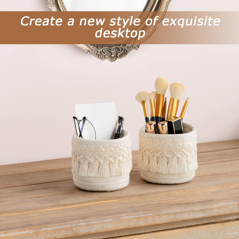 MOTRAIN Set of 2 Macrame Makeup Brush Holder Organizer Comb Brushes Mini Storage Basket Boho Decor Baskets for Pen Pencil Box Container, Ivory image number 4
