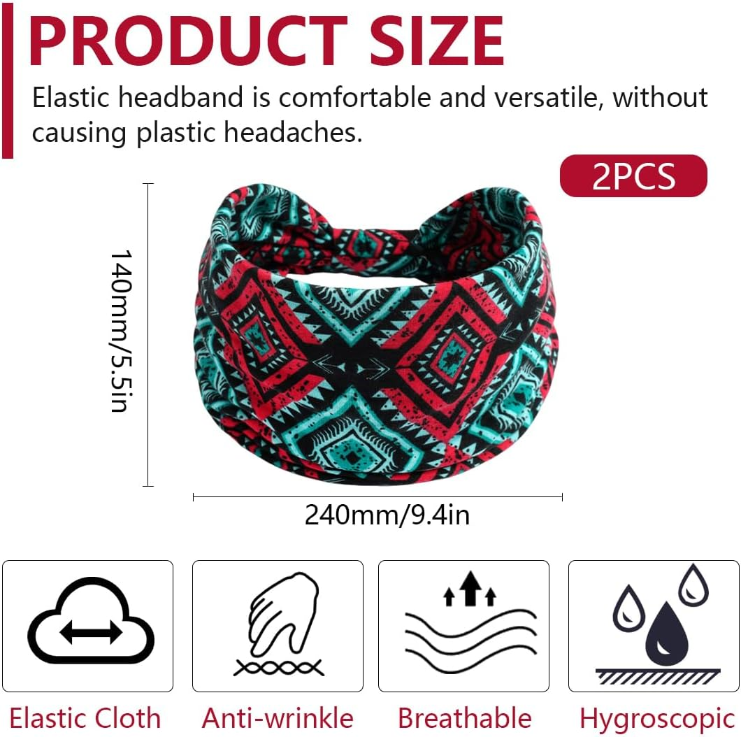 SGERUFZ 2 Women'S Boho Headbands, Extra Wide Boho Headbands, Cute Hair Accessories image number 3