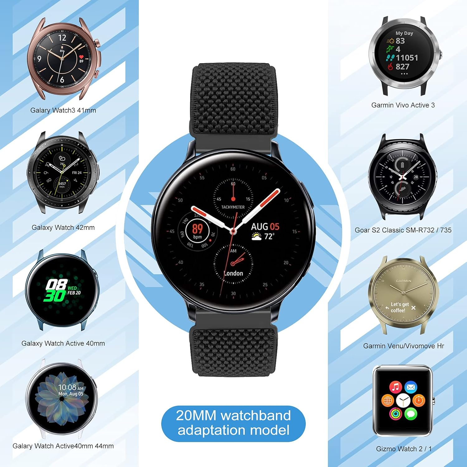 Puhuite Stretchy Nylon Band for Samsung Galaxy Watch 6/5/4,Galaxy Watch 4/6 Classic,Garmin Vivoactive 5/Vivoactive 3,Garmin Venu 2 Plus/Venu Sq/Venu Band,Garmin Forerunner 645/245 Music Elastic Band - Black+Army Green+Beige image number 3