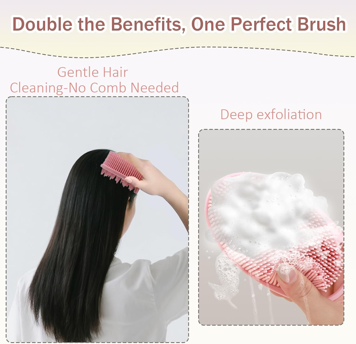 2-Pack Silicone Body Scrubber, 2-In-1 Bath Shampoo Body Brush, Soft Exfoliating Massage Loofah for All Skin Types，Double-Sided Design, Non-Slip Handle (Pink&Black) - Pinkblack image number 2