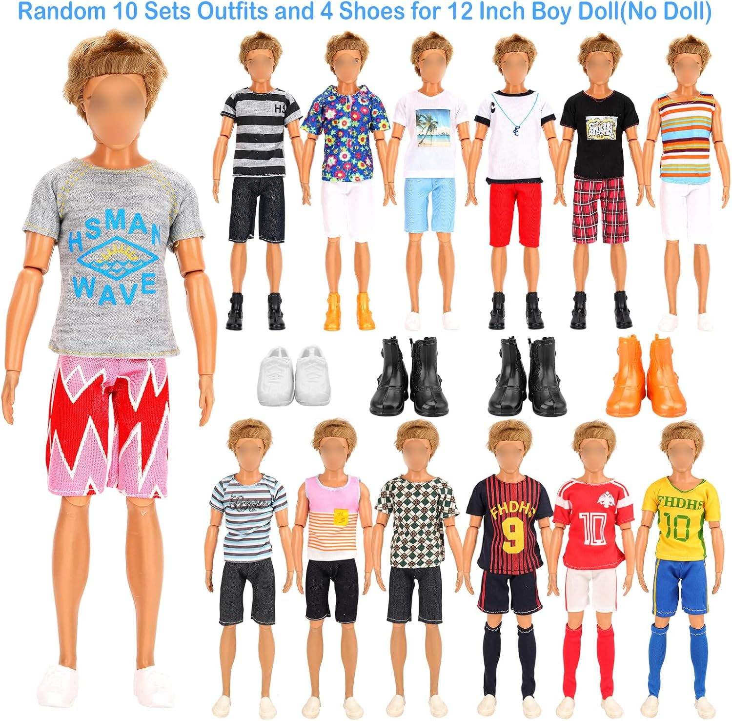 Barwa 39 Accessories Selected Randomly for 11.5 Inch Girl and Boy Dolls: 10 Clothes + 4 PCS Shoes for Boy + 5 Tops + 5 Pants + 5 Dresses + 10 PCS Shoes for 11.5 Inch Girl image number 2