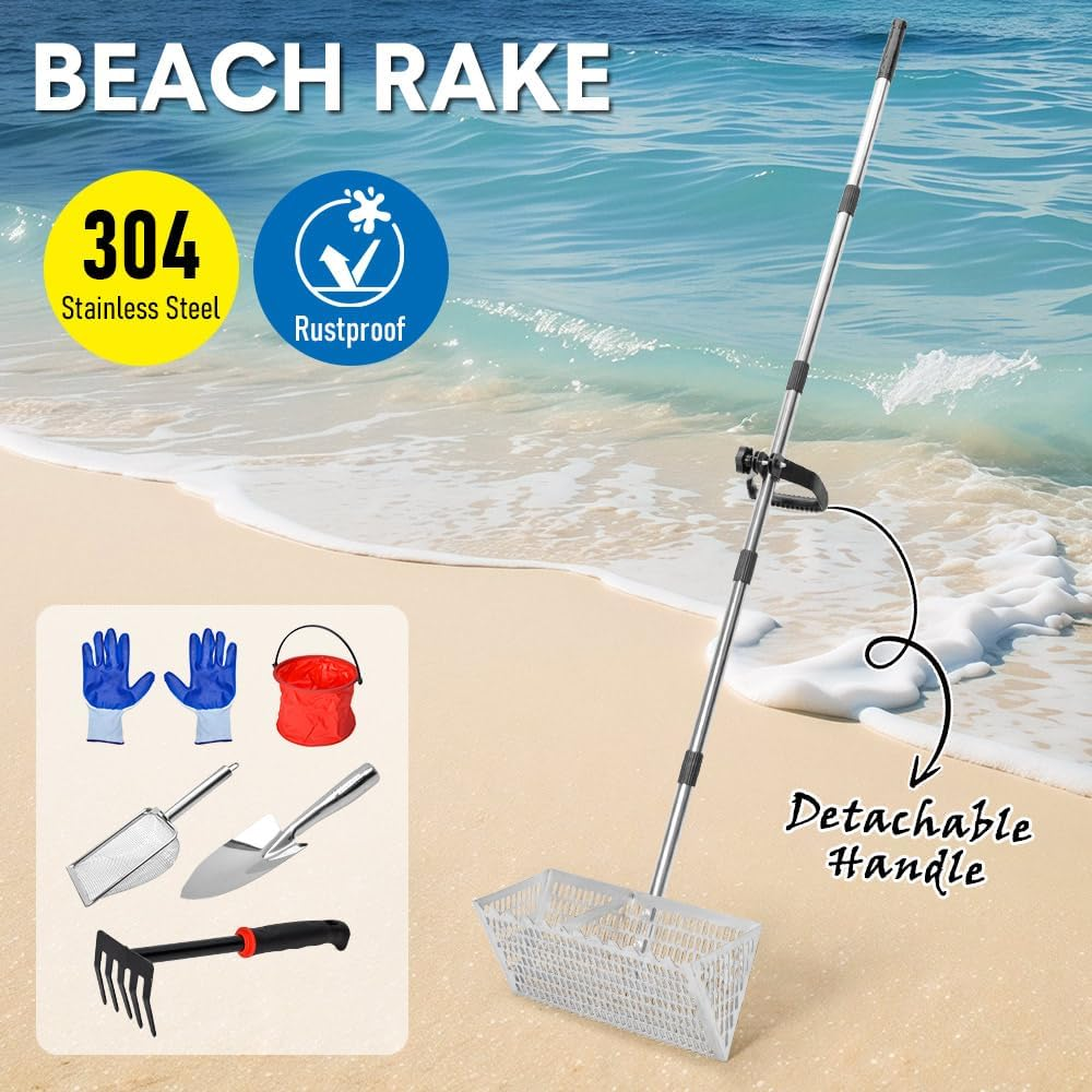 ALSTON Beach Rake Stainless Steel Sand Flea Rake 140Cm Long Detachable Handle and Shark Tooth Wide Sifter for Easy Sand Flea Removal with Bonus Basket and Tools image number 1