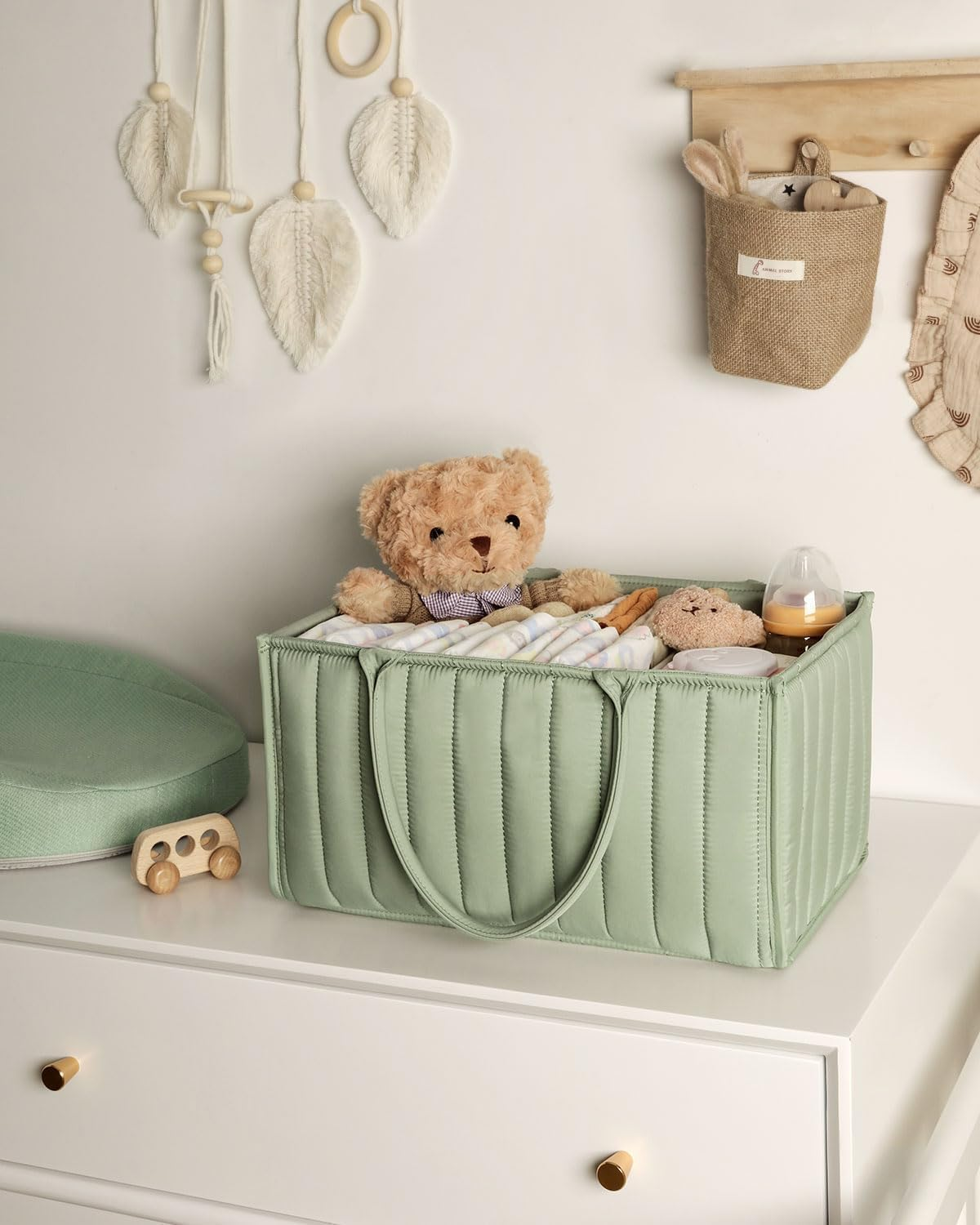 Baby Diaper Caddy Organizer,Nursery Storage Basket for Newborn Essentials Must Haves,Neutral Baby Gifts for Baby Shower Registry Items,Organizer for Diapers,Wipes (Green)