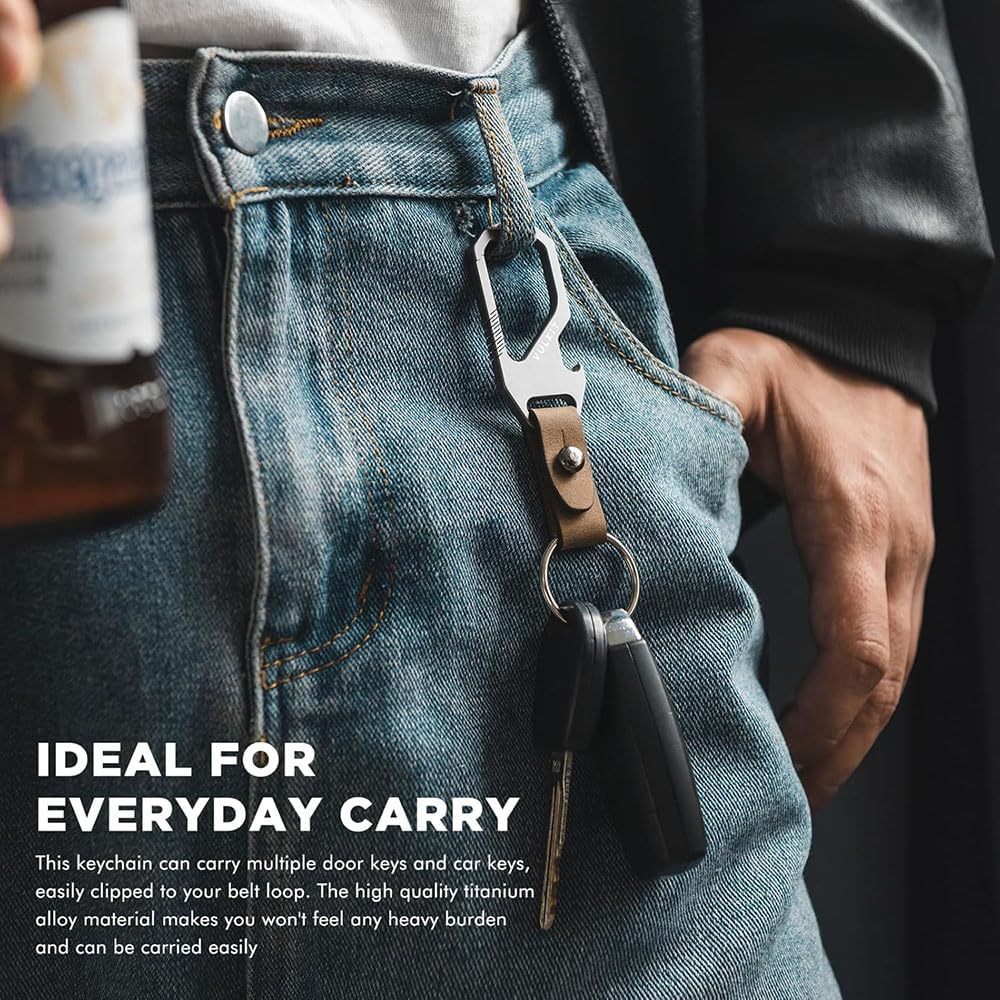 Premium Titanium Key Keeper with Genuine Leather Belt Loop with Secure Carabiner Clip, Built-In Bottle Opener and Compact Key Ring Ultra-Lightweight and Durable Everyday Carry Essential image number 5
