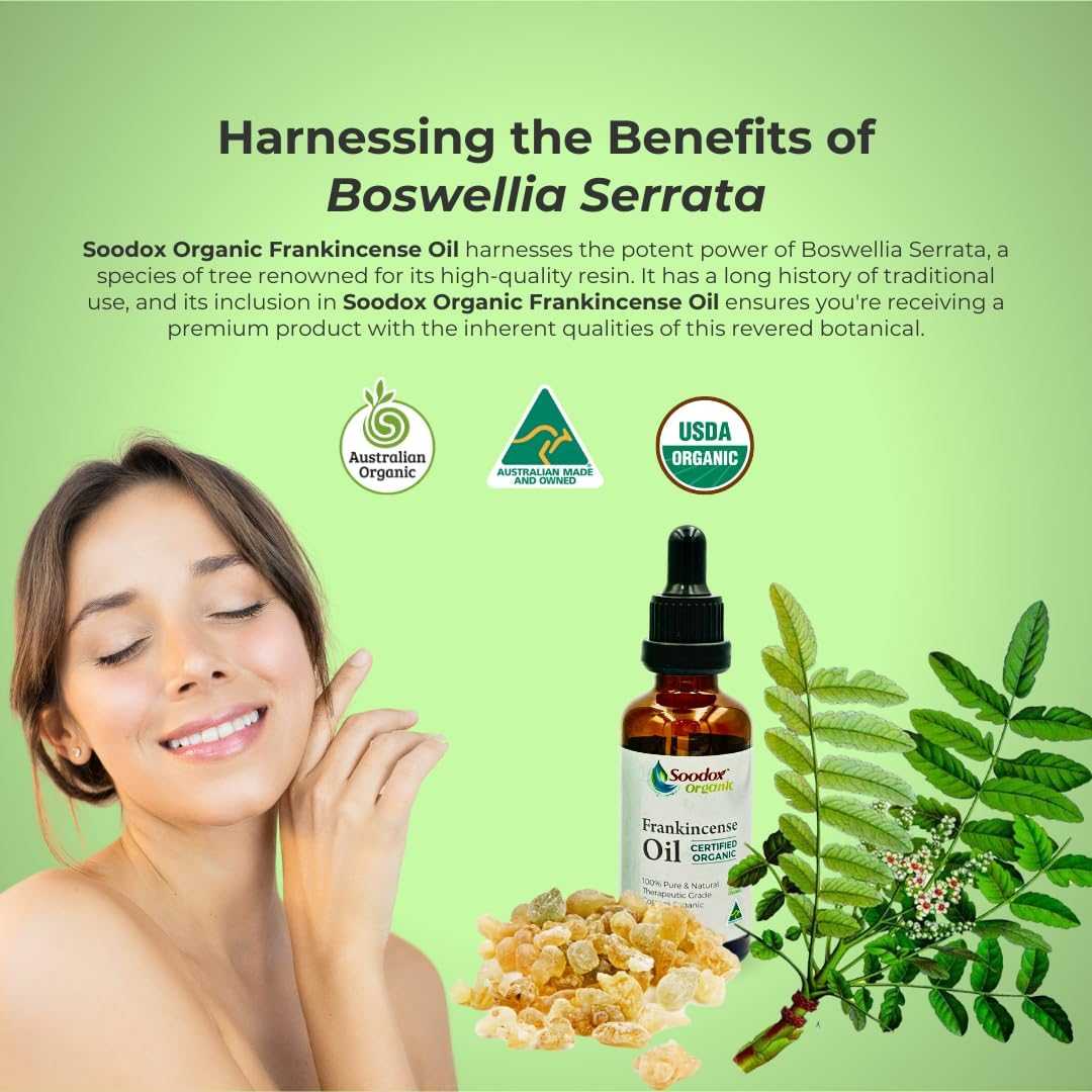Soodox Organic Frankincense Oil - 100% Organic Essential Oil - 100% Boswellia Serrata - 100% Australian Made - Skin Moisturizer, Aromatherapy Oil, Massage, Immune Support, Inflamation, Hair Growth, Scalp Strength, Nailcare - Comes in a Amber Glass Dropper Bottle image number 4