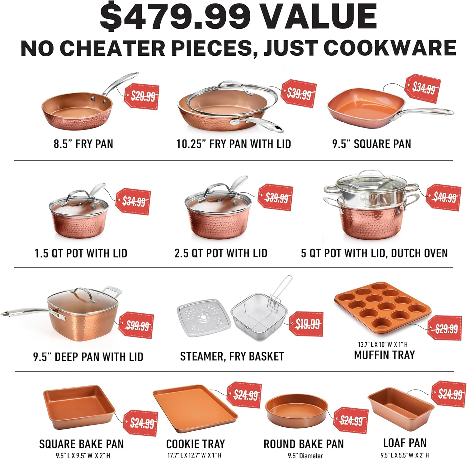 Gotham Steel Hammered Copper Collection &ndash; 20 Piece Premium Pots and Pans Set Nonstick Ceramic Cookware + Bakeware Set for Kitchen, Induction/Dishwasher/Oven Safe, Healthy and Non Toxic image number 3