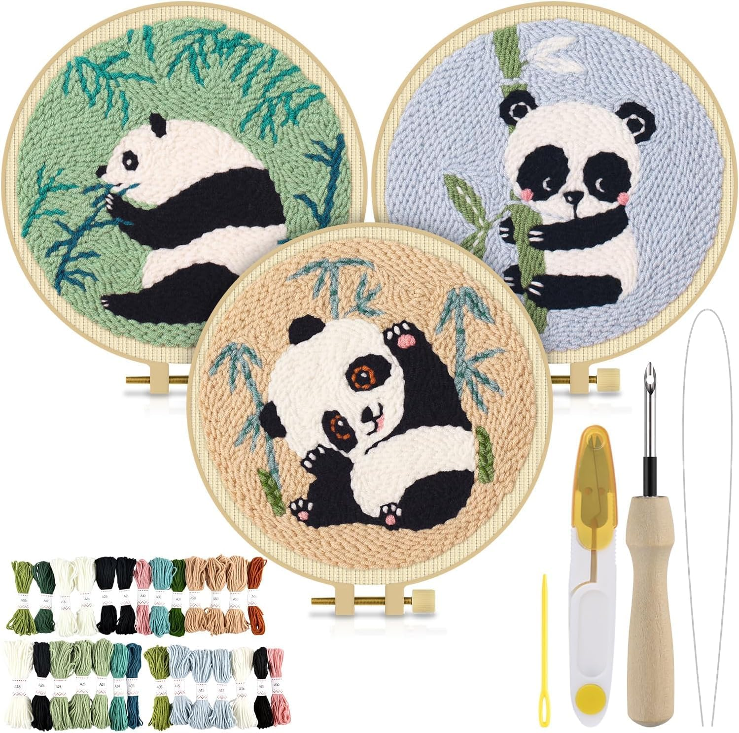 3 Sets Punch Needle Kits, Panda Punch Embroidery Kits for Adults Beginner, Tool with Punch Needle Fabric, Hoops, Yarns and Sewing Needles image number 3