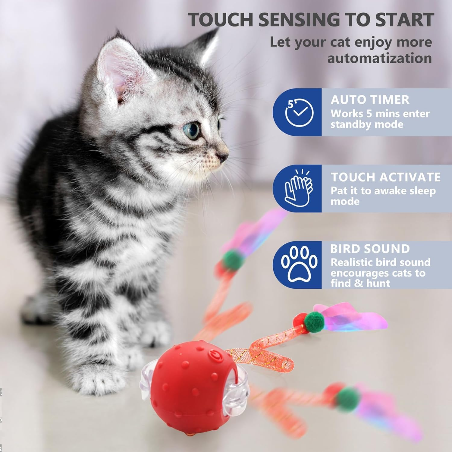 Interactive Cat Toys for Indoor Cats, Generation Agile Moving Cat Ball with Elastic Mesh Tail, Automatic Kitten Toys for Bored Indoor Cats, Chirping & Motion Activate Cat Toys image number 6