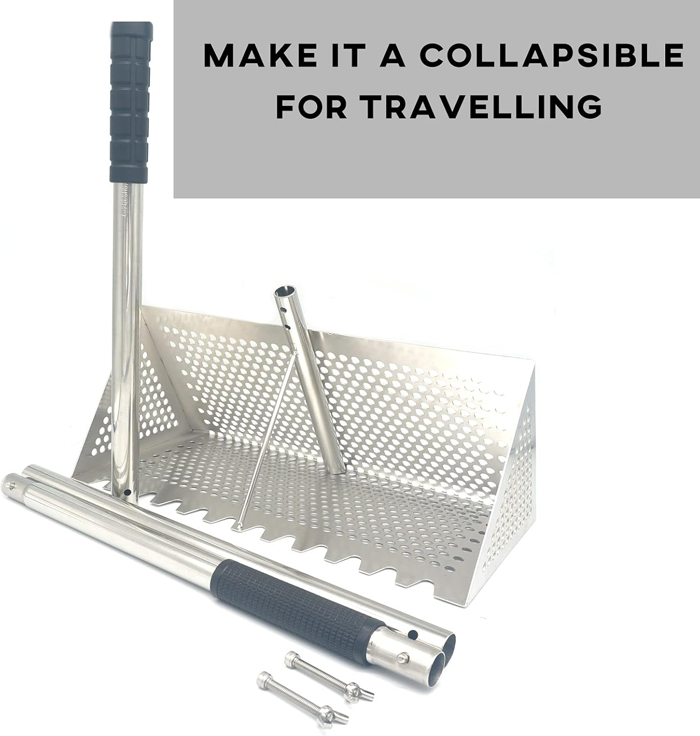 Sand Fleas Rake, Stainless Steel Sand Sifter, Detachable 47 Inches Long Handle, 15.7 Inches Width Basket, Sand Crab Catcher with Sharp Teeth,Collapsible Sand Fleas Catcher for Travelling.