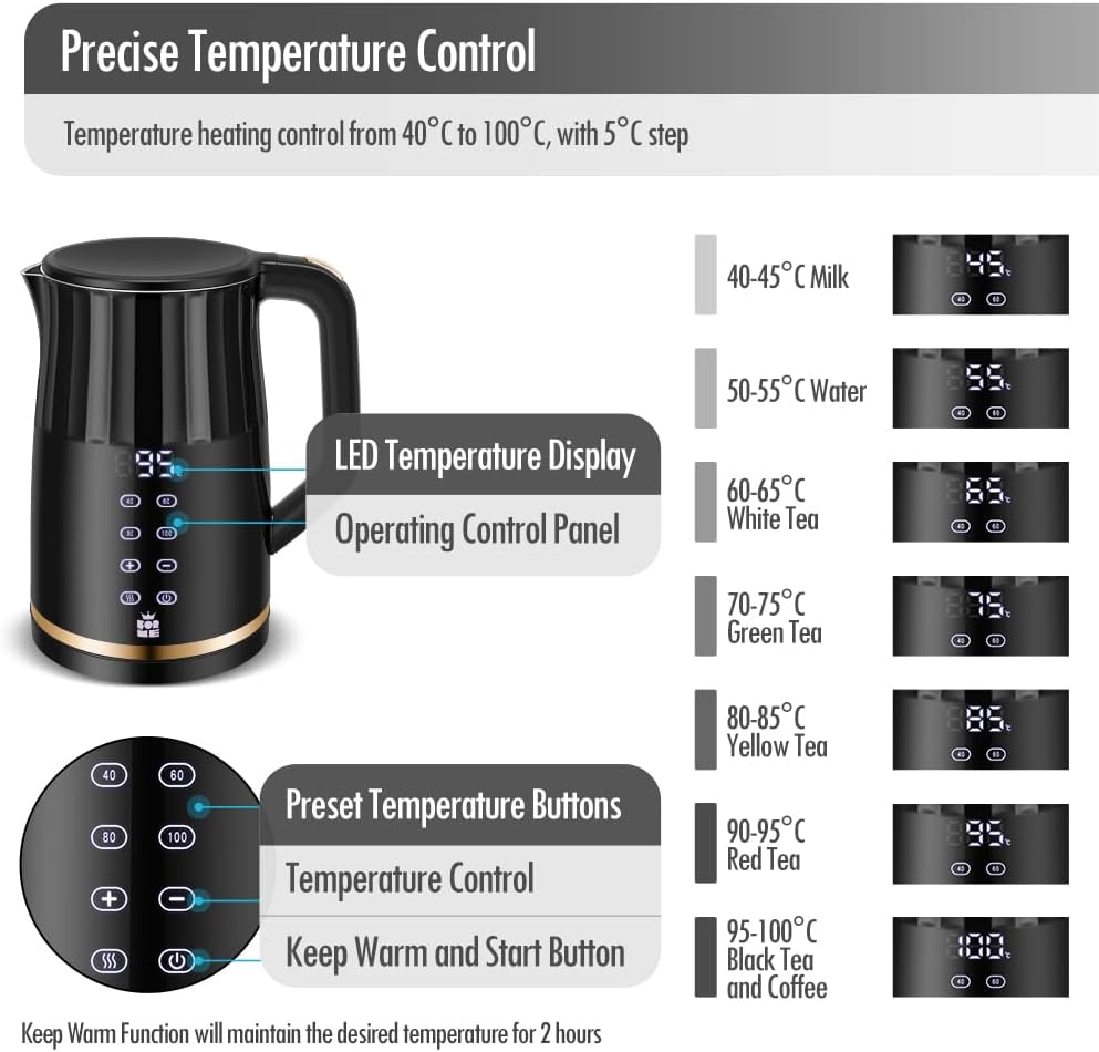 Forme Stainless Steel Kettle 1.7 L Temperature Selection 40-100 &deg;C I LED Digital Temperature Display 7 Colours LED Lighting I Teapot Tea Kettle I Keep Warm Function I BPA Free image number 5