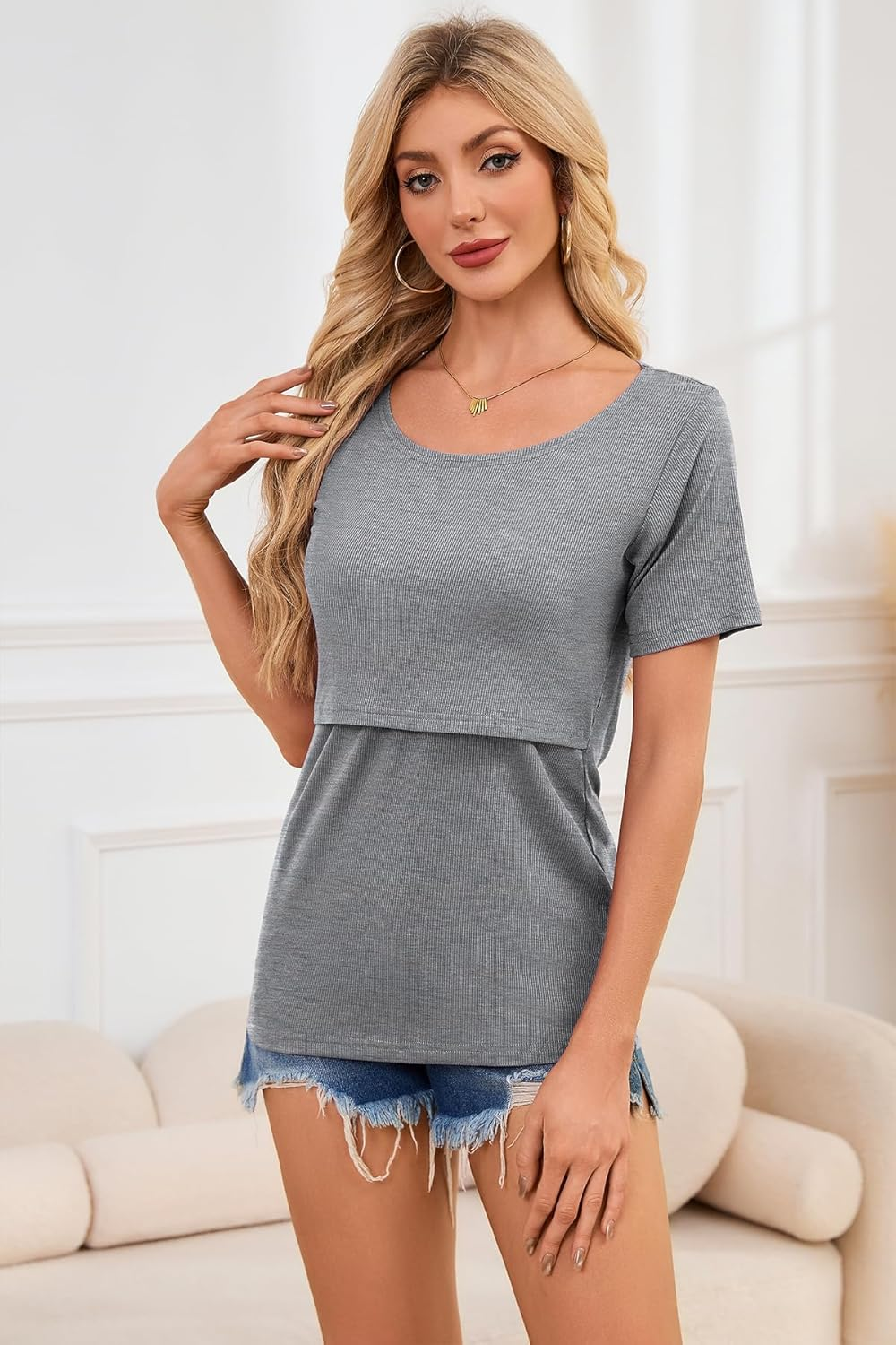 Smallshow Women'S Nursing Tops Ribbed Short Sleeve Breastfeeding Clothes 4 Pack image number 2