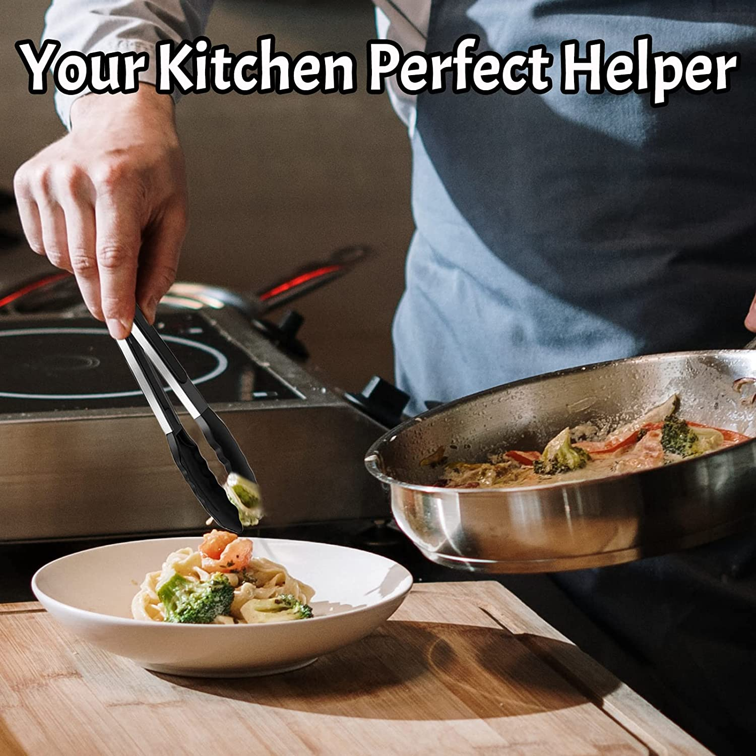 Kitchen Tongs Heat Resistant 480℉ - Set of 3 (7", 9" & 12"), Premium Stainless Steel Locking Cooking Tongs with Silicone Tips - Non-Stick & Non-Slip, Heavy Duty Food Tongs for Cooking, BBQ, Black image number 4