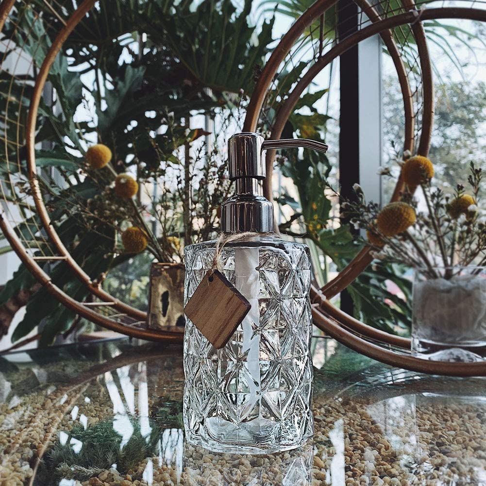JASAI Diamond Design 12 Oz Glass Soap Dispenser, Kitchen Soap Dispenser with 304 Rust Proof Stainless Steel Pump, Bathroom Soap Dispenser for Hand Soap, Soap, Lotion(Clear). - Clearglass-Golden Pump image number 7