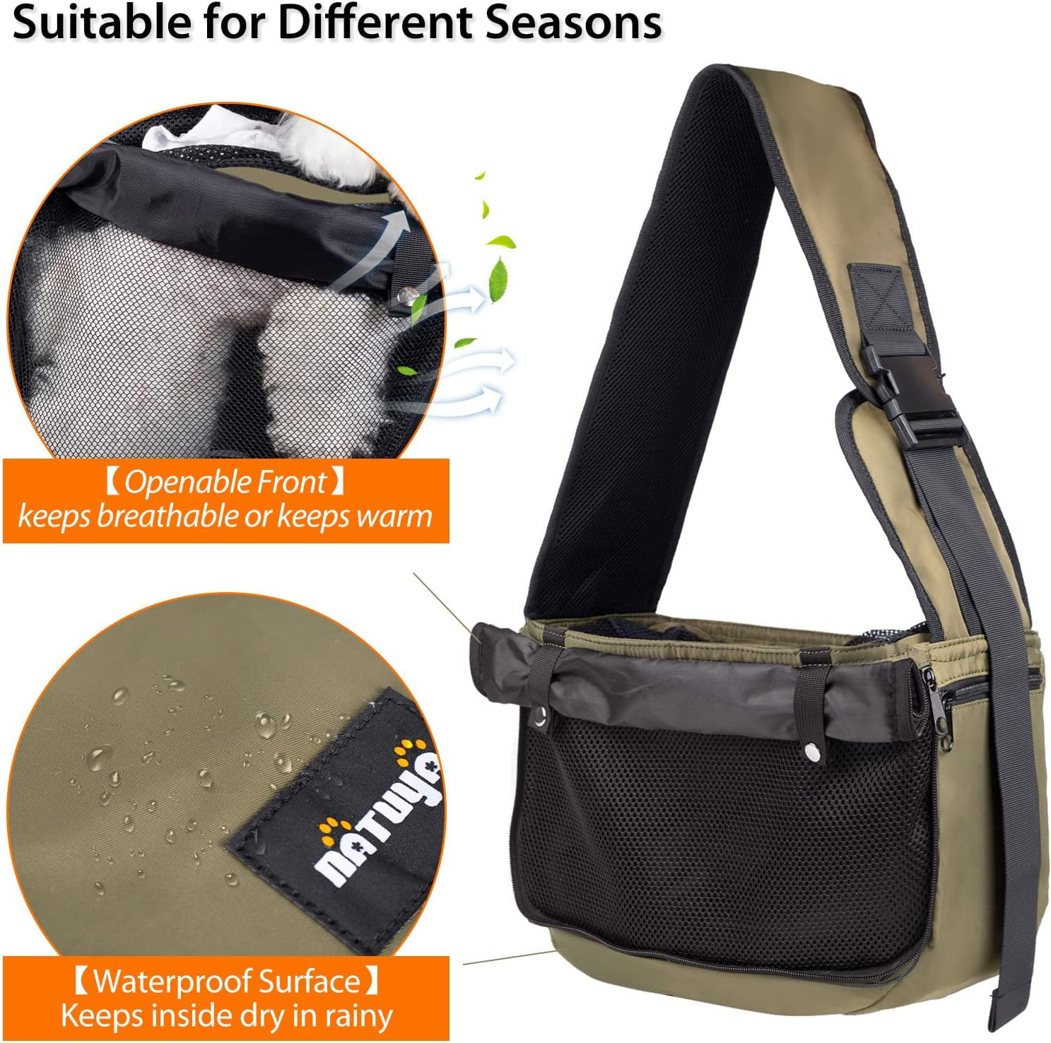 NATUYA Dog Sling Puppy Carrier for Small Dogs with Openable Front Breathable Mesh, Hands Free Pet Sling Travel Bag Adjustable Padded Strap Pockets Large Space for Pet Outdoor Hiking (Green, 3-8Lb) image number 4