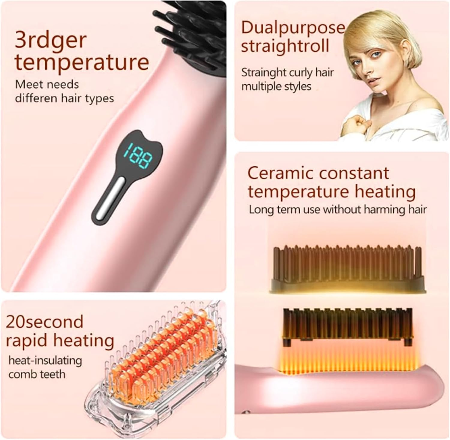 Yosoo Cordless Hair Straightener Comb with Fast Heating, 11 Temperature Adjustment, Portable Antiscald Straightening Brush for Different Hair Types image number 3