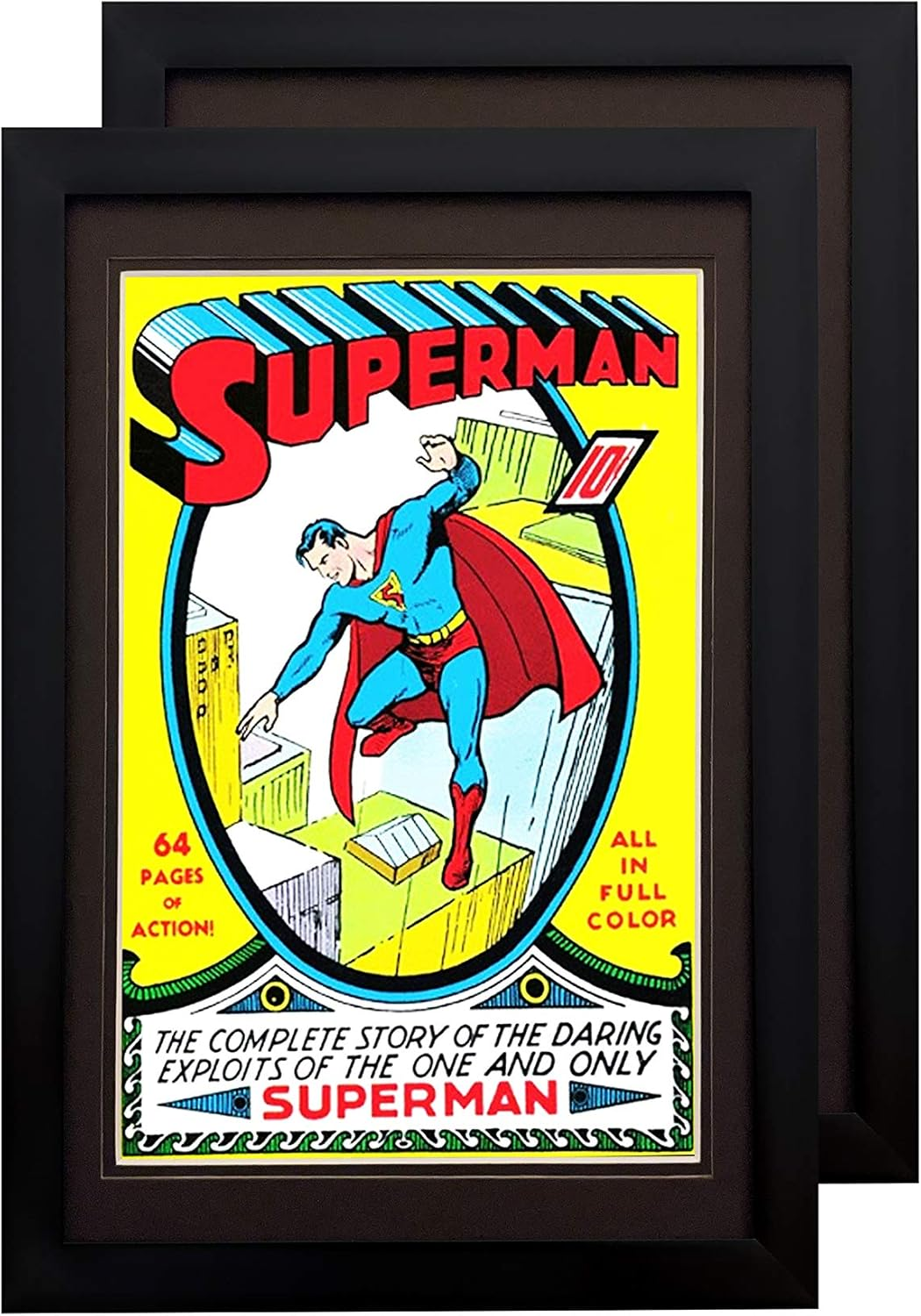 Comic Book Frame 2 Pack, MDF Wood Frame, Acid-Free Matting, 98% UV Polycarbonate Protection, Fits Comics up to 6 3/4" X 10 1/4", Fits with Comic Book Bags and Sleeves (Black Frame Black Mat)