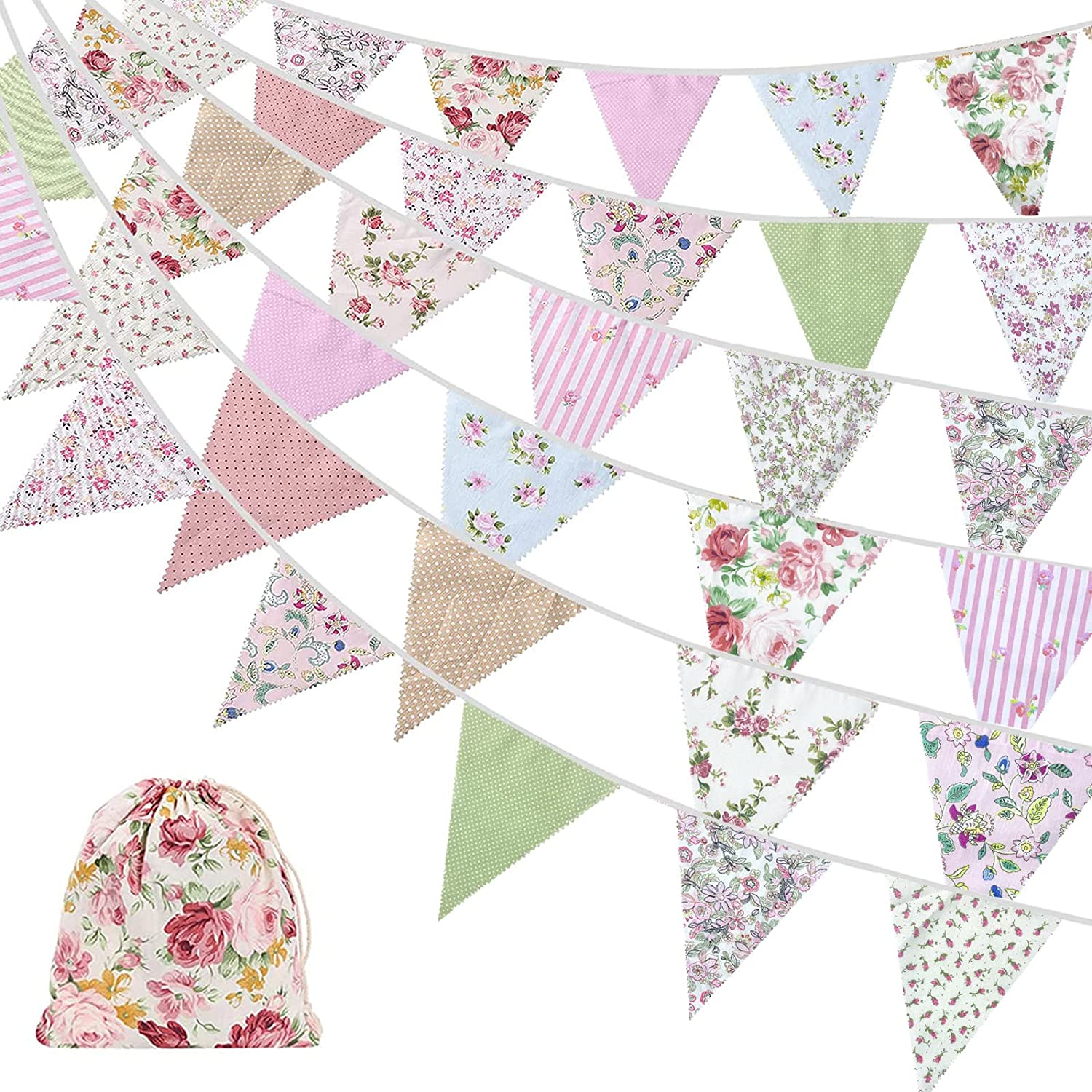ZCOINS 40Ft/12M Fabric Bunting Banners, 42PCS Floral Vintage Triangle Flags Reusable Cotton Cloth Pennants for Garden Wedding Birthday Party Outdoor Hanging Decoration image number 2