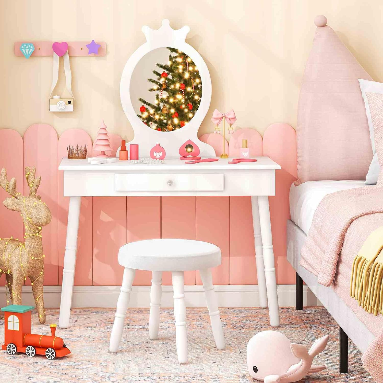 Costway Kids Vanity Makeup Table Set, Princess Vanity Table & Chair Set, Makeup Dressing Table with Drawer and Cushioned Stool, Vanity Desk with Real Mirror for Little Girls (White) image number 6
