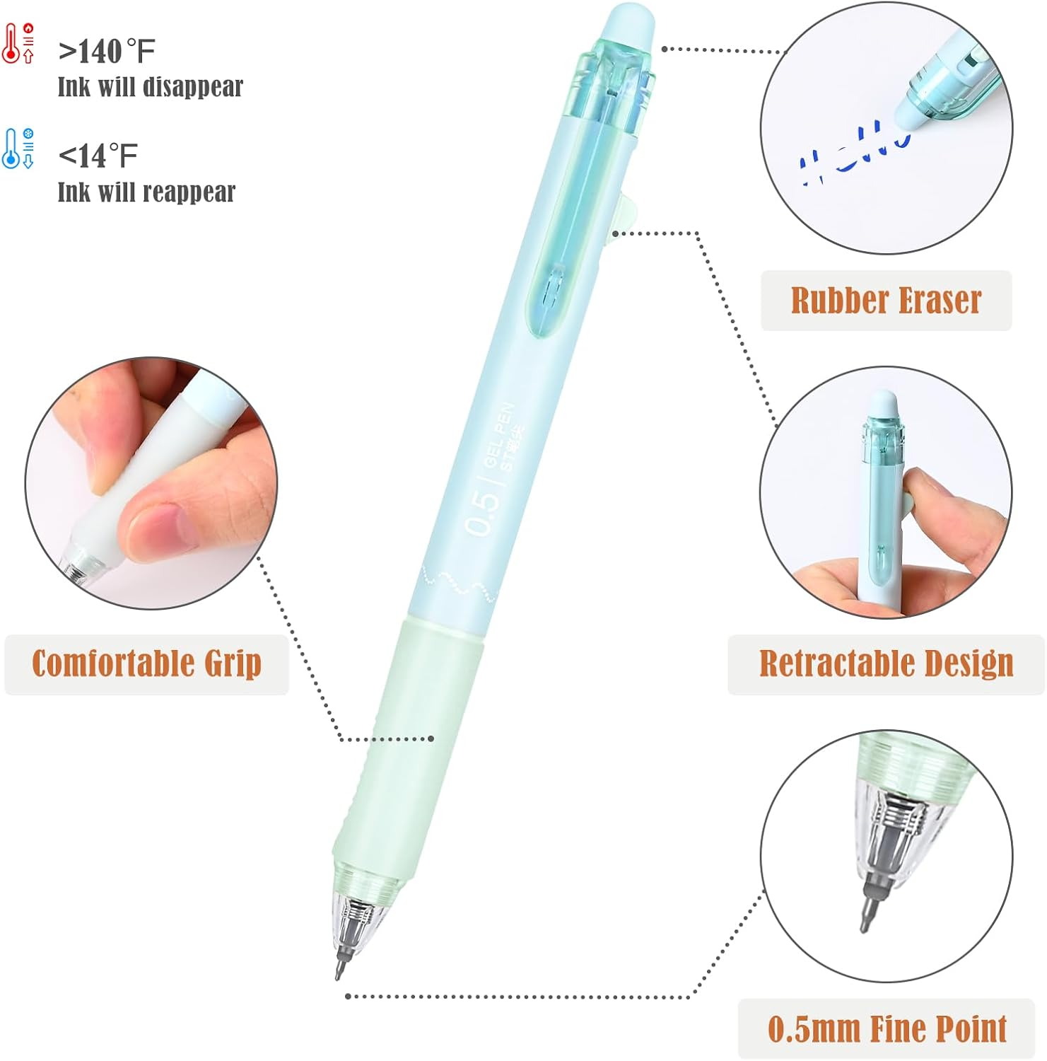 BAYTORY Pastel Erasable Gel Pens, 6Pcs Blue Ink Pens & 6Pcs Refills, Aesthetic Rub Out Pens Blue Ink with Eraser, Smooth Writing Pen for Home School and Office Supplies（Ball Eraser） image number 4