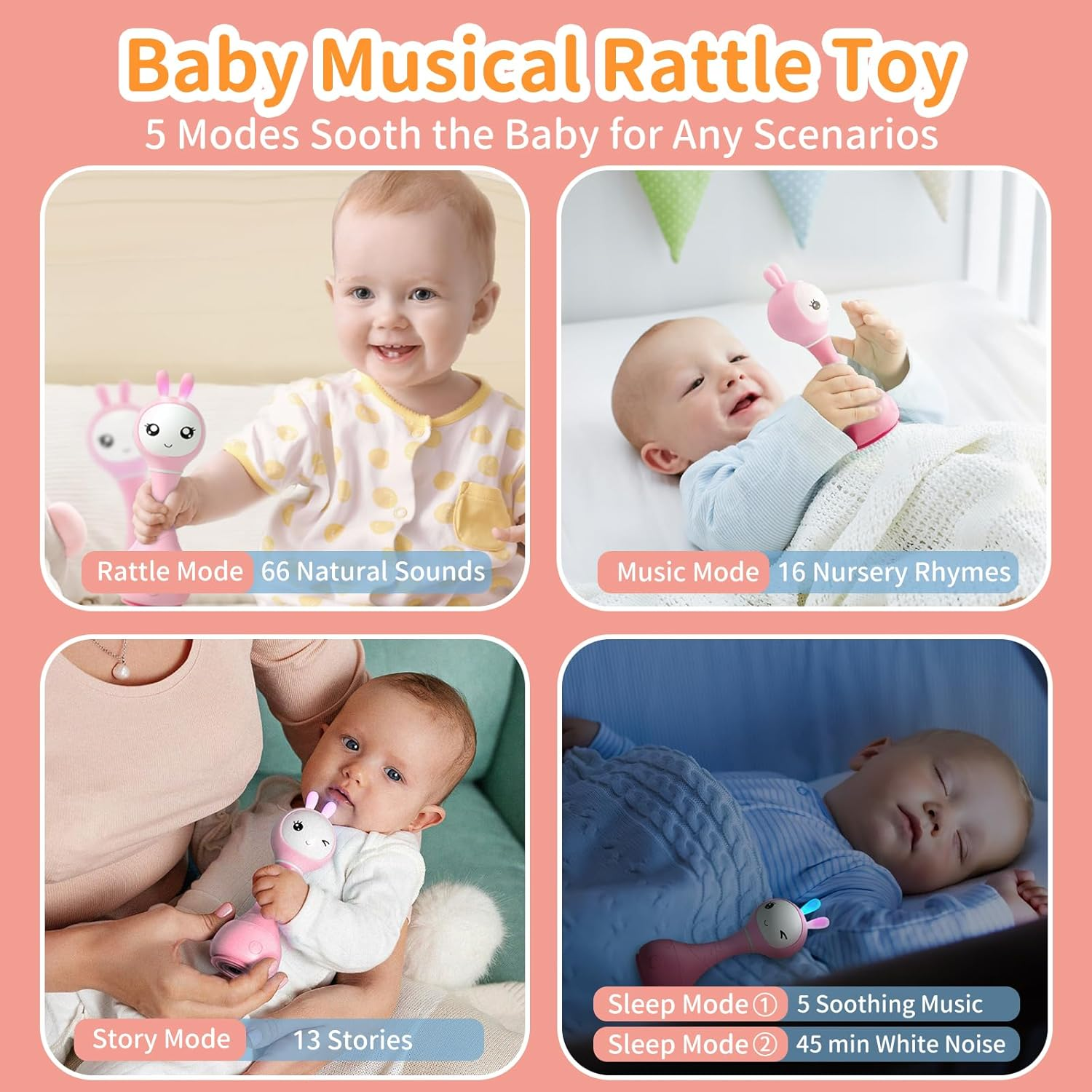 Alilo Smarty Bunny Baby Musical Rattle Toys for Infant 0-6-12-24 Months, Christmas Gift for Boys Girls, with 66 Rattle Sound Effects,16 Nursery Rhymes,13 Stories, 5 Soothing Music White Noise Pink