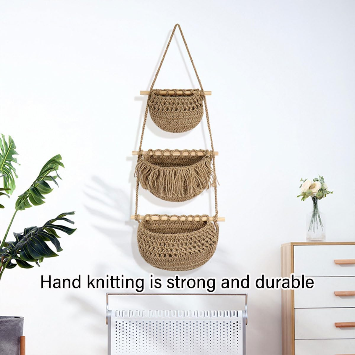 AIMALL 3-Layer Hanging Wall Storage Basket Cotton Rope Organizer for Sundries with Wooden Rods, Woven Wall Hanging Bag for Entryway, Living Room, and Nursery image number 3