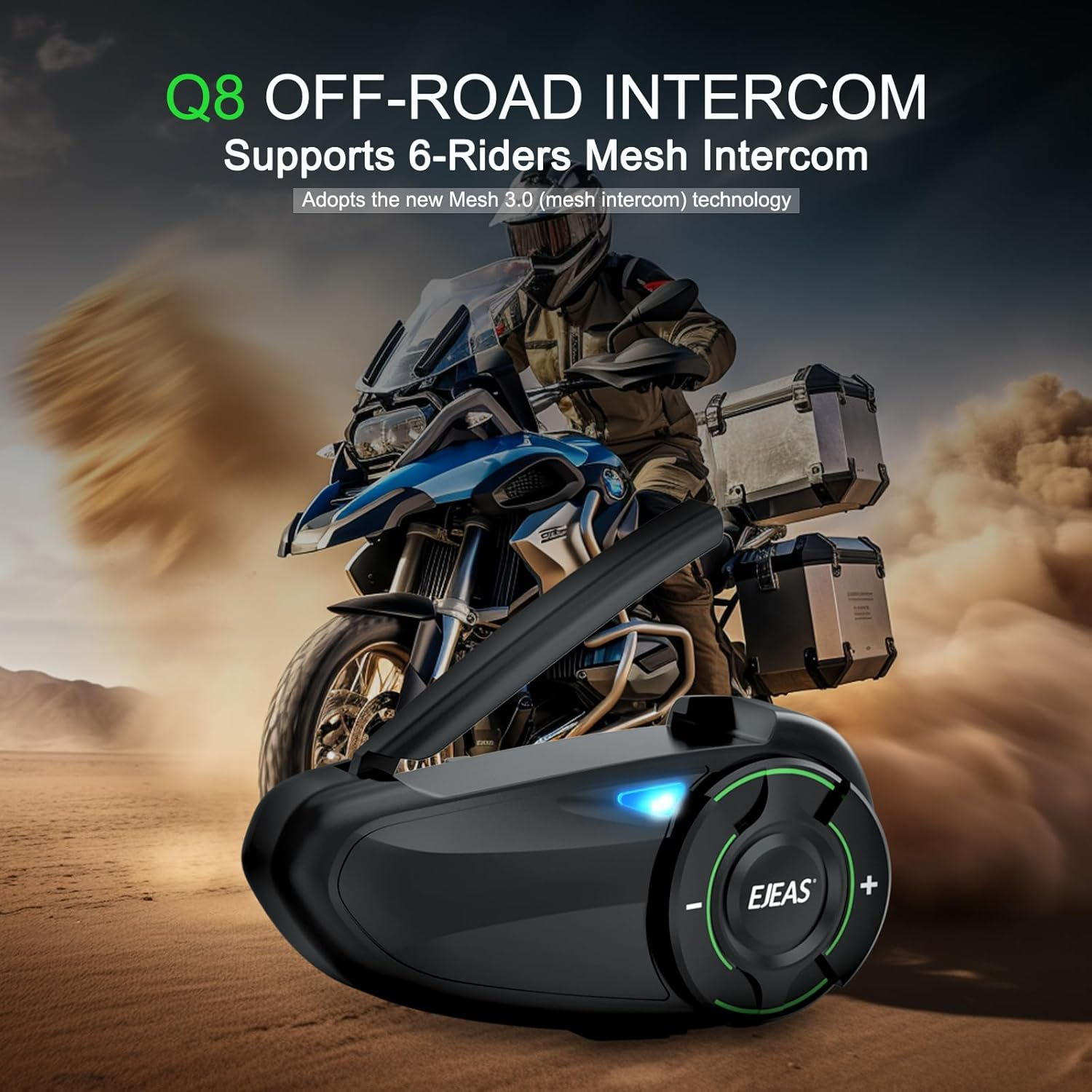 EJEAS Q8 1PC Motorcycle Bluetooth Headset, Upgraded Mesh 3.0 Intercom System with Music Sharing and IP67 Waterproof for 6 Riders Group Talking image number 2
