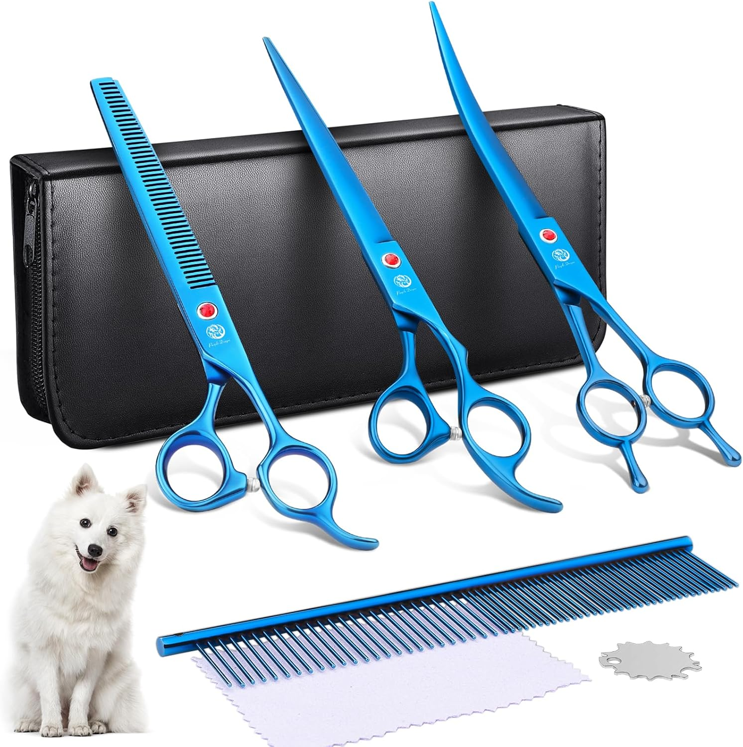 Purple Dragon 8 Inch Dog Scissors Set Professional 3-In-1 Fur Scissors Set for Dogs &ndash; Blue Dog Scissors Set Straight, Serrated and Curved Scissors Are Included for Dogs for Cats and Other Animals image number 5