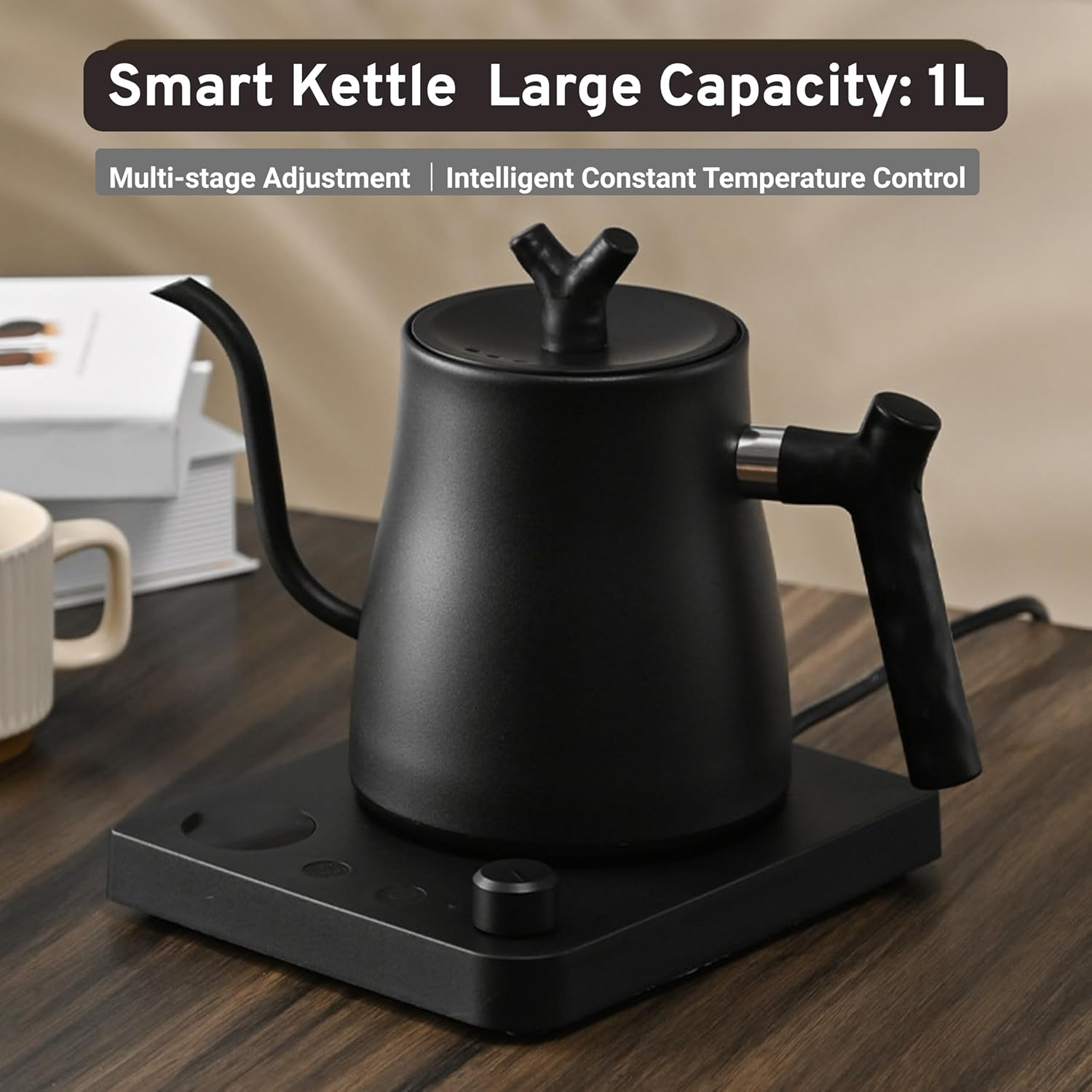 Electric Gooseneck Smart Kettle 1L - Stainless Steel Water Boiler with LED Temperature Display & Custom Heat Settings, Auto Safety Shutoff - Ideal for Brewing Coffee, Tea and Family Use image number 5