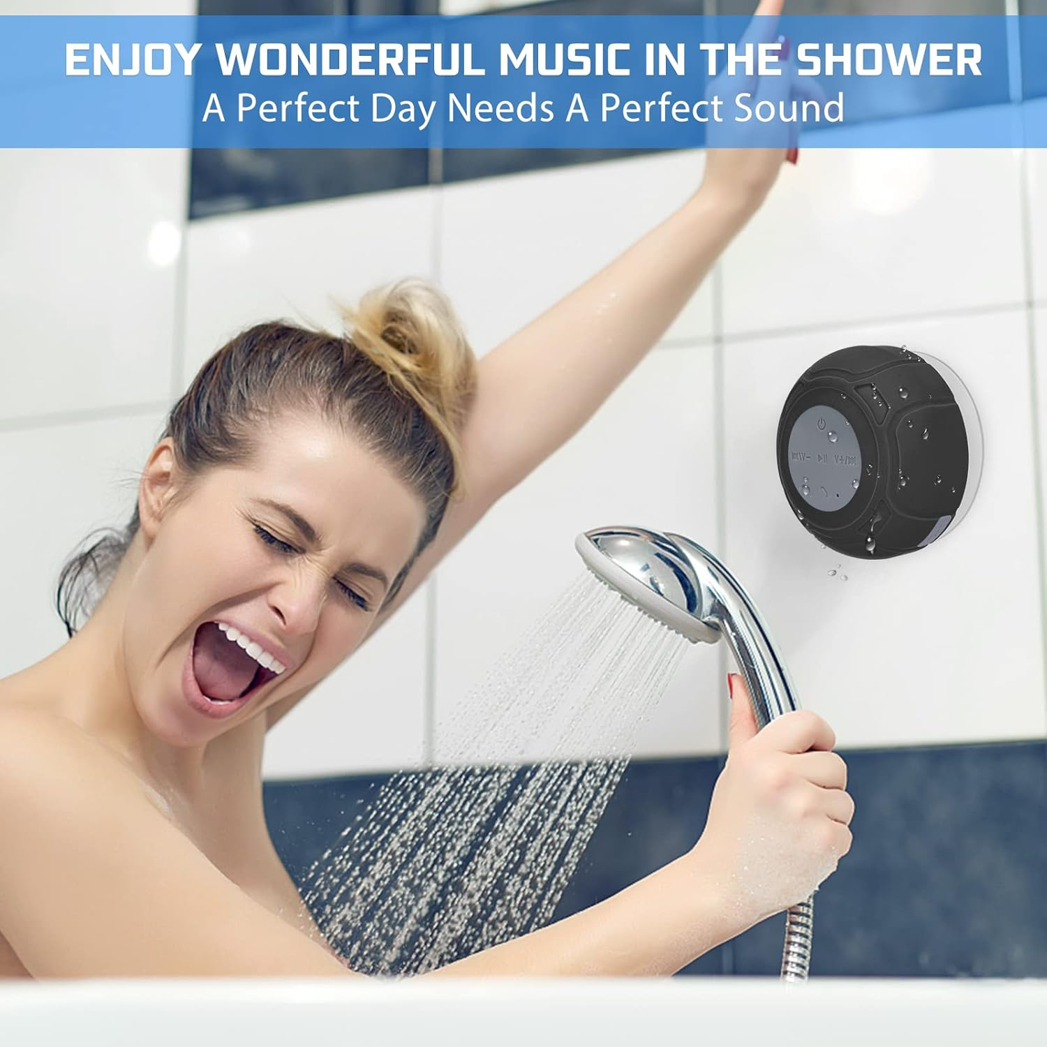 Annlend Waterproof Bluetooth Shower Speaker Portable Wireless Water-Resistant Speaker Suction Cup,Built-In Mic Gifts for Kids Speakerphone for Iphone Phone Tablet Bathroom Kitchen - Black - Black image number 5