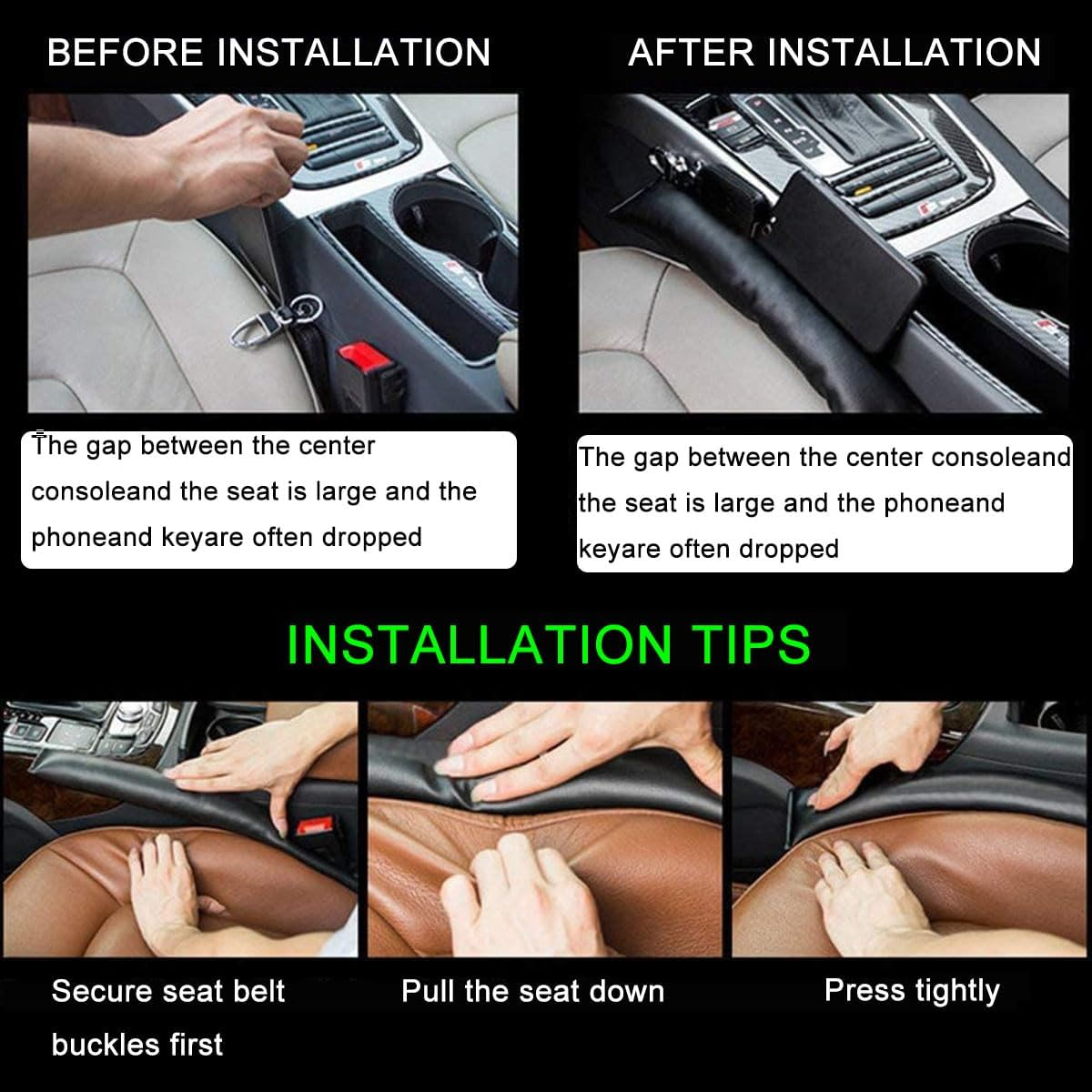 Car Seat Gap Filler, Two Piece Leather General Motors Gap Plug,Flexible Gap Filler between Car Seat and Console,Used to Prevent Things from Falling Off(Black)