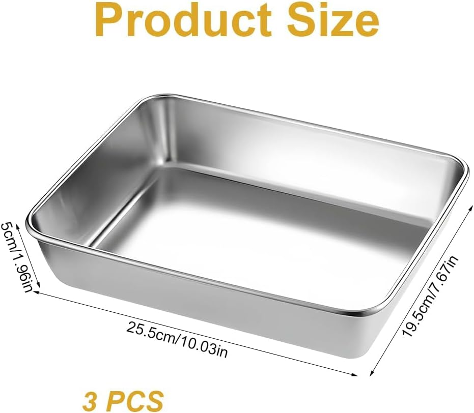 Baking Tray Set of 3, Stainless Steel Deep Baking Sheets Pans,25.5 X 19.5 X 5 Cm Non Stick Metal Baking Pans, Cooking Trays, Easy to Clean, Rectangle Cake Tin for Oven Baking, Cooking and Serving