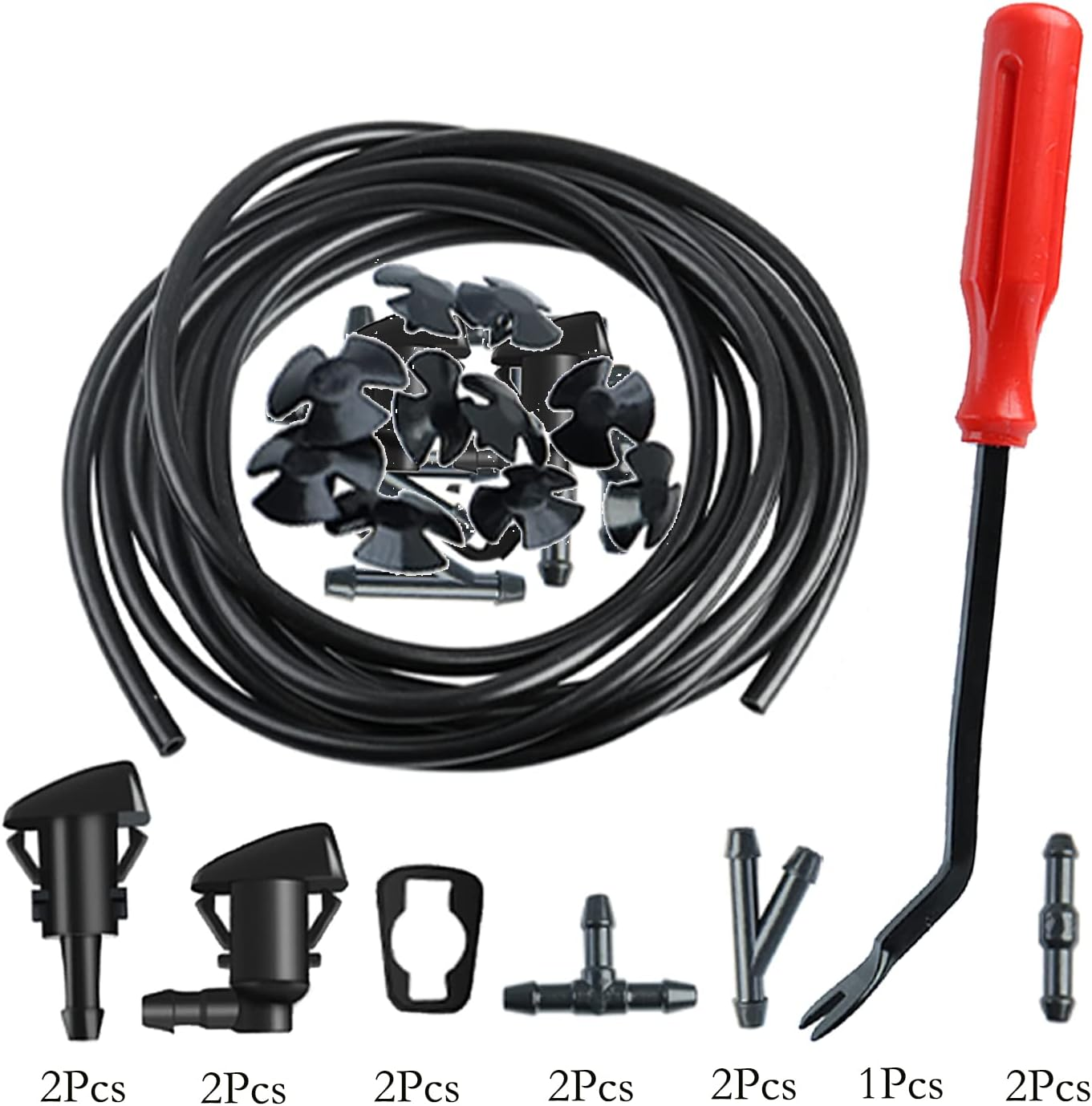 Windshield Washer Nozzles Kit Replace for Dodge Ram, Chrysler, J-Eep, Includ 4M Hose, 4 Waher Nozzles & Gasket, 12 Connectors, 30 Hood Retainers and 1 Tool (Straight + 90 Degree Washer Nozzles) image number 3