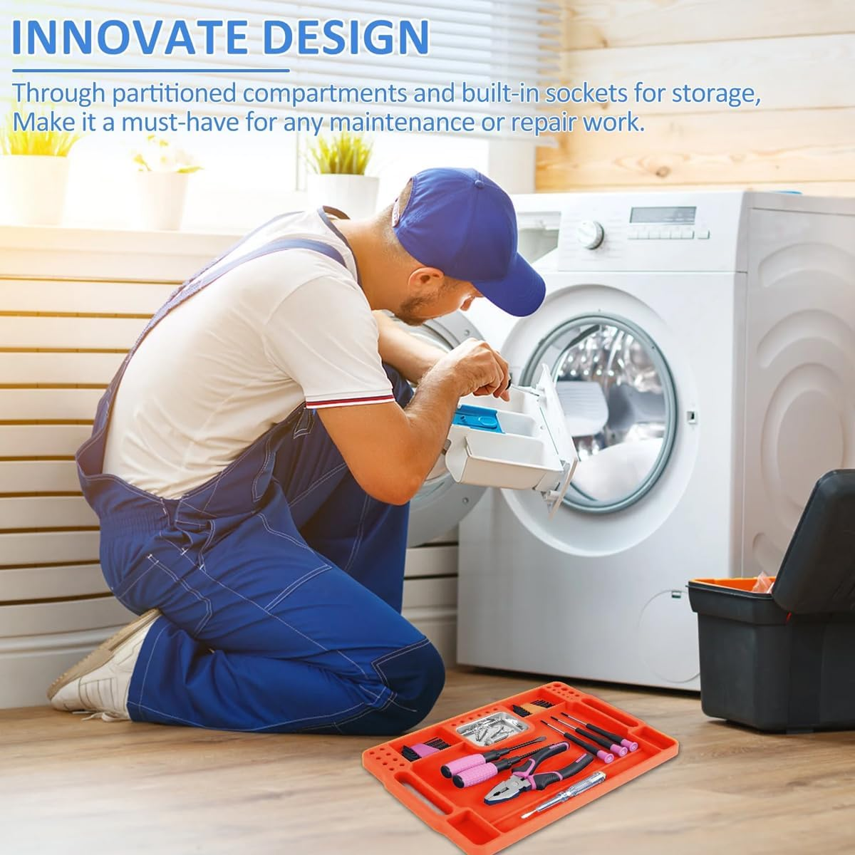 AIMALL Silicone Tool Tray with Stainless Steel Magnetic Tray, Orange, 14.17 X 9.05 Inches image number 3