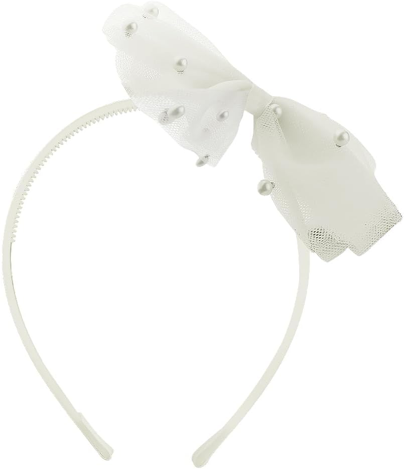 Beige Bow Headband with Pearl for Toddlers Girls Lace Veil Bowknot Hair Hoop Hairband for Girls Hair Bow Accessories Thin Adjustable Headbands No Teeth Big Knotted Bow Hair Band for Kids Girls Women image number 3